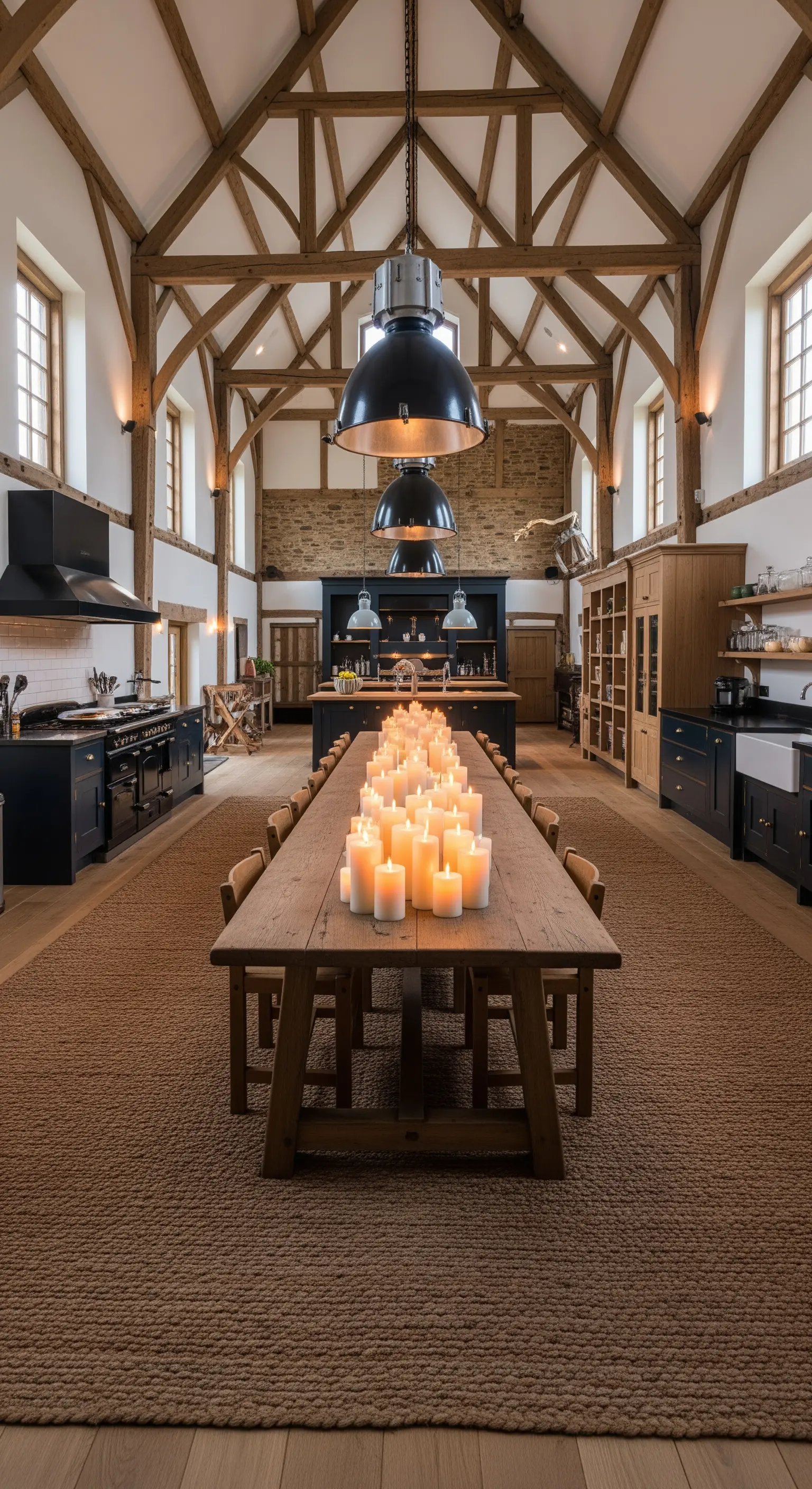 Ampia cucina rustica con soffitto a capriate, lungo tavolo in legno e tappeto in iuta.