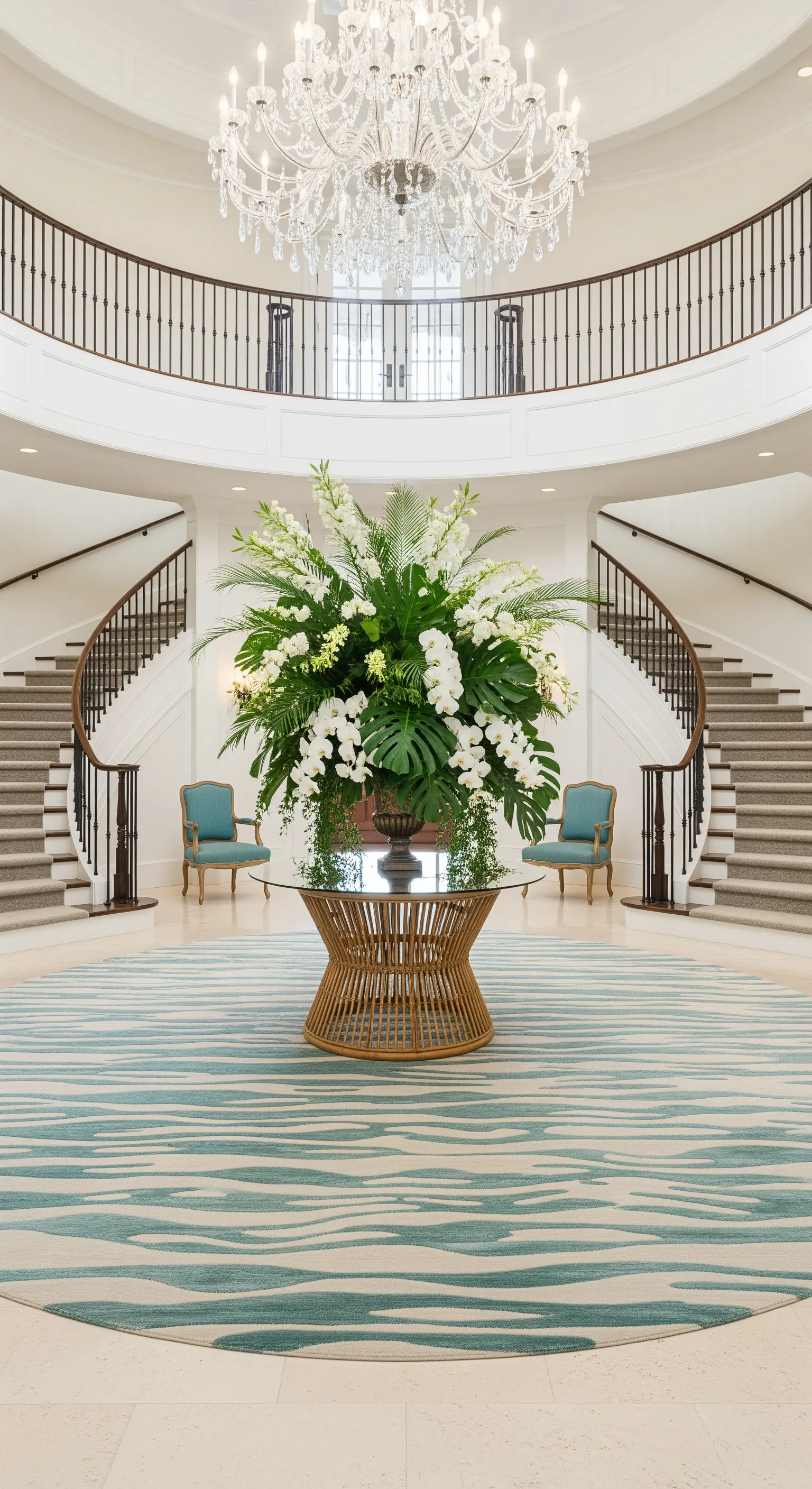 Foyer grandioso con doppia scala, tavolo rotondo in rattan e tappeto a onde verde acqua.