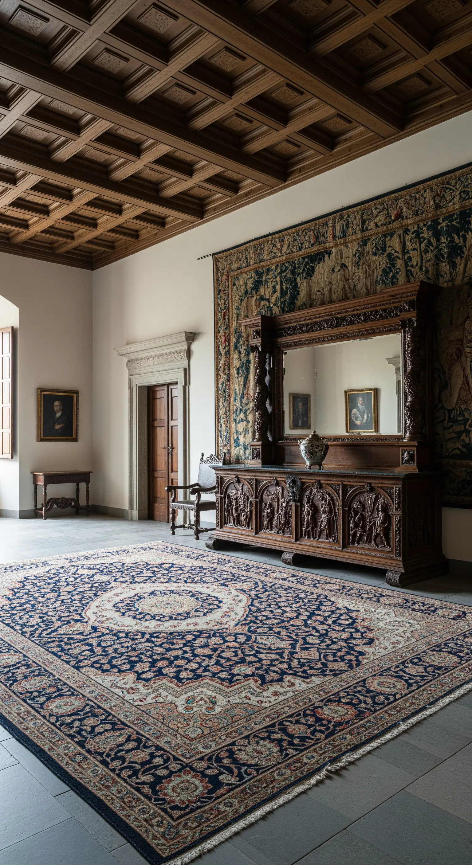 Grande salone con soffitto a cassettoni, arazzo, credenza monumentale e tappeto persiano.