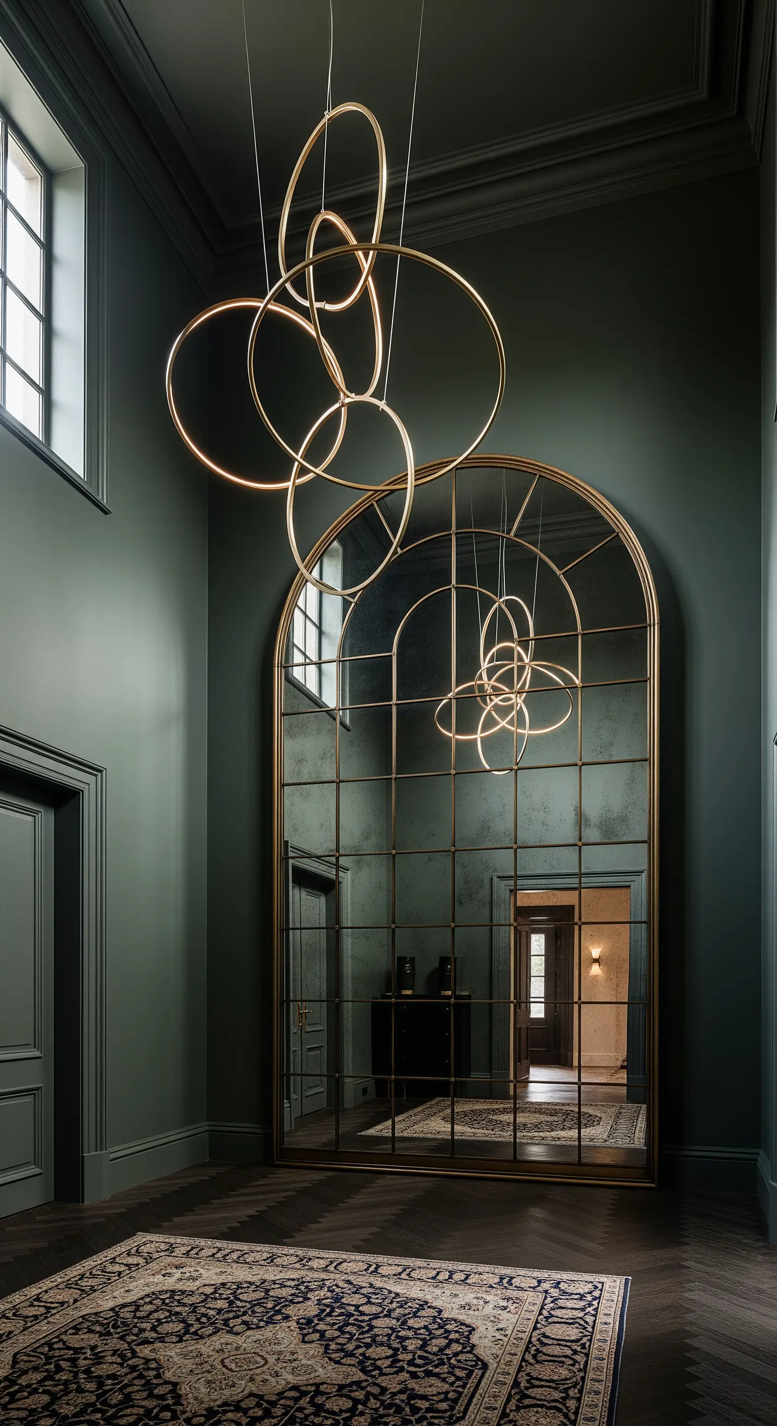Ingresso verde scuro con specchio a finestra ad arco a tutta altezza e lampadario scultoreo.
