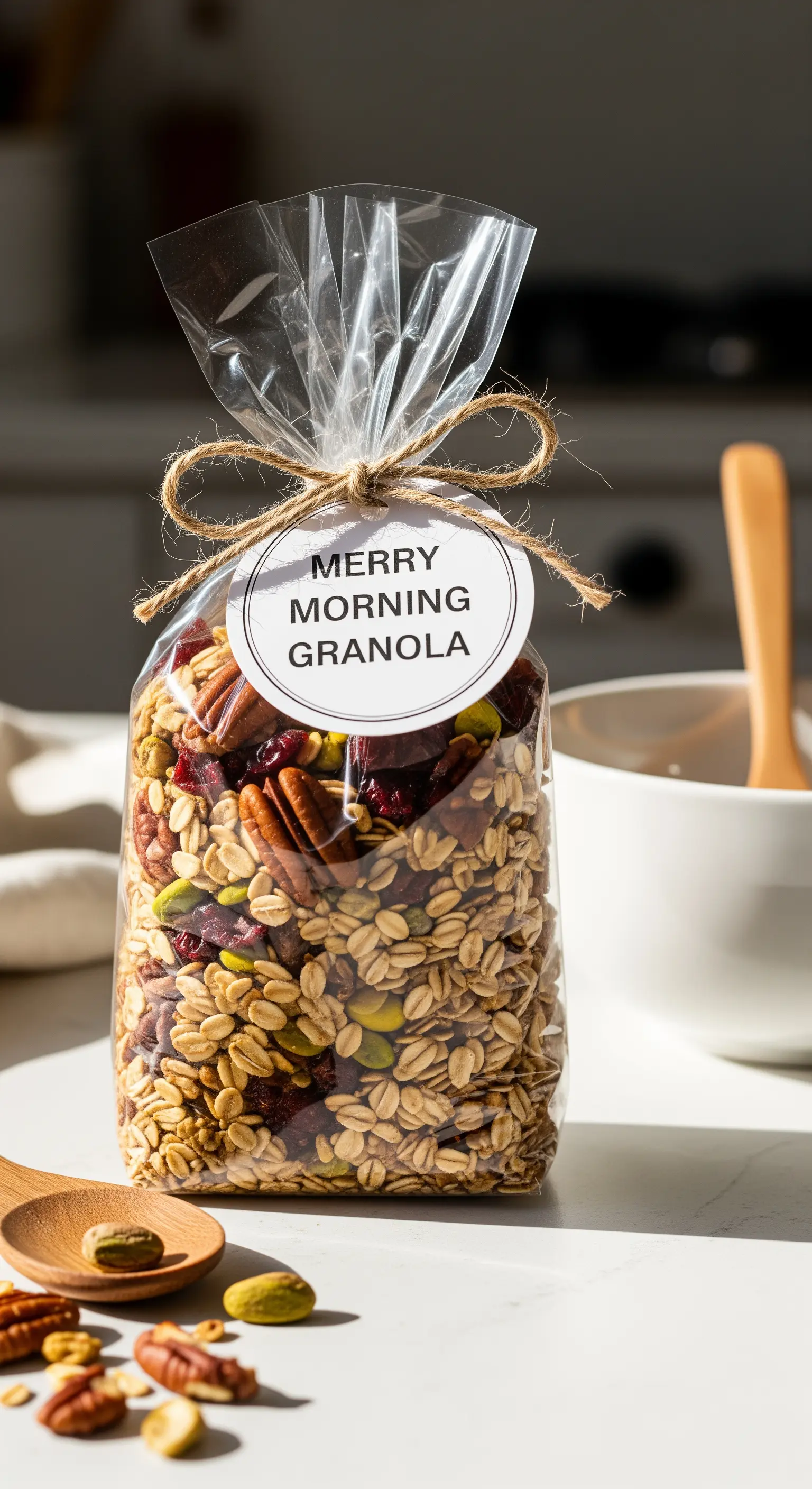 Sacchetto di granola fatta in casa con frutta secca e noci, con etichetta personalizzata.