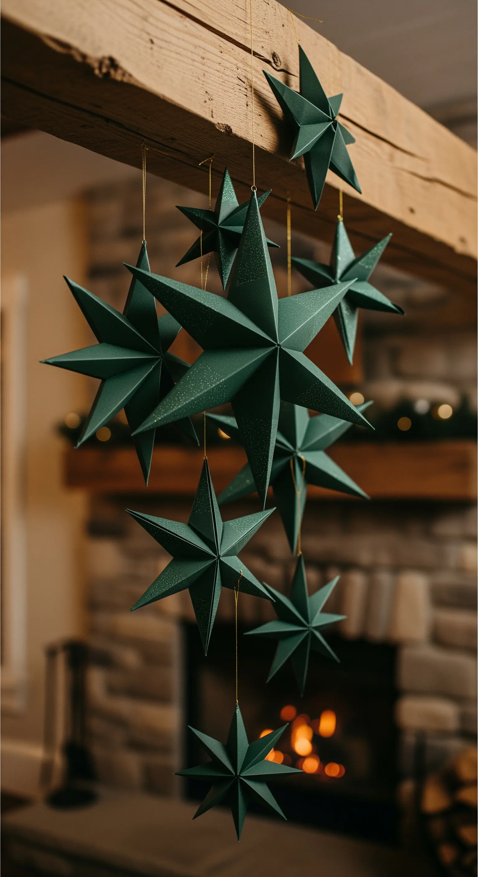 Gruppo di stelle di carta verde scuro appese a una trave di legno