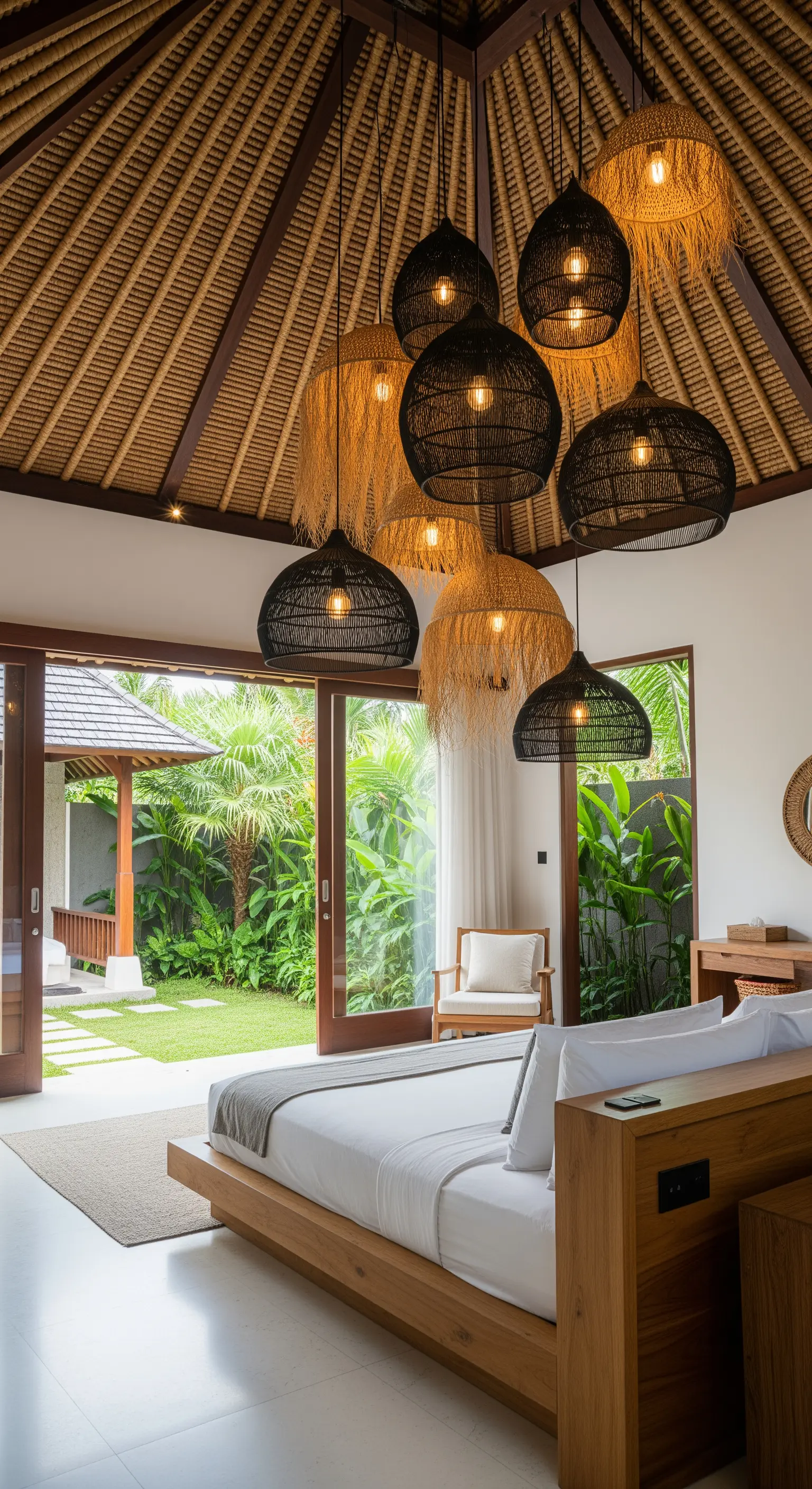 Gruppo di lampadari in rattan e rafia in una camera da letto tropicale con tetto in paglia.
