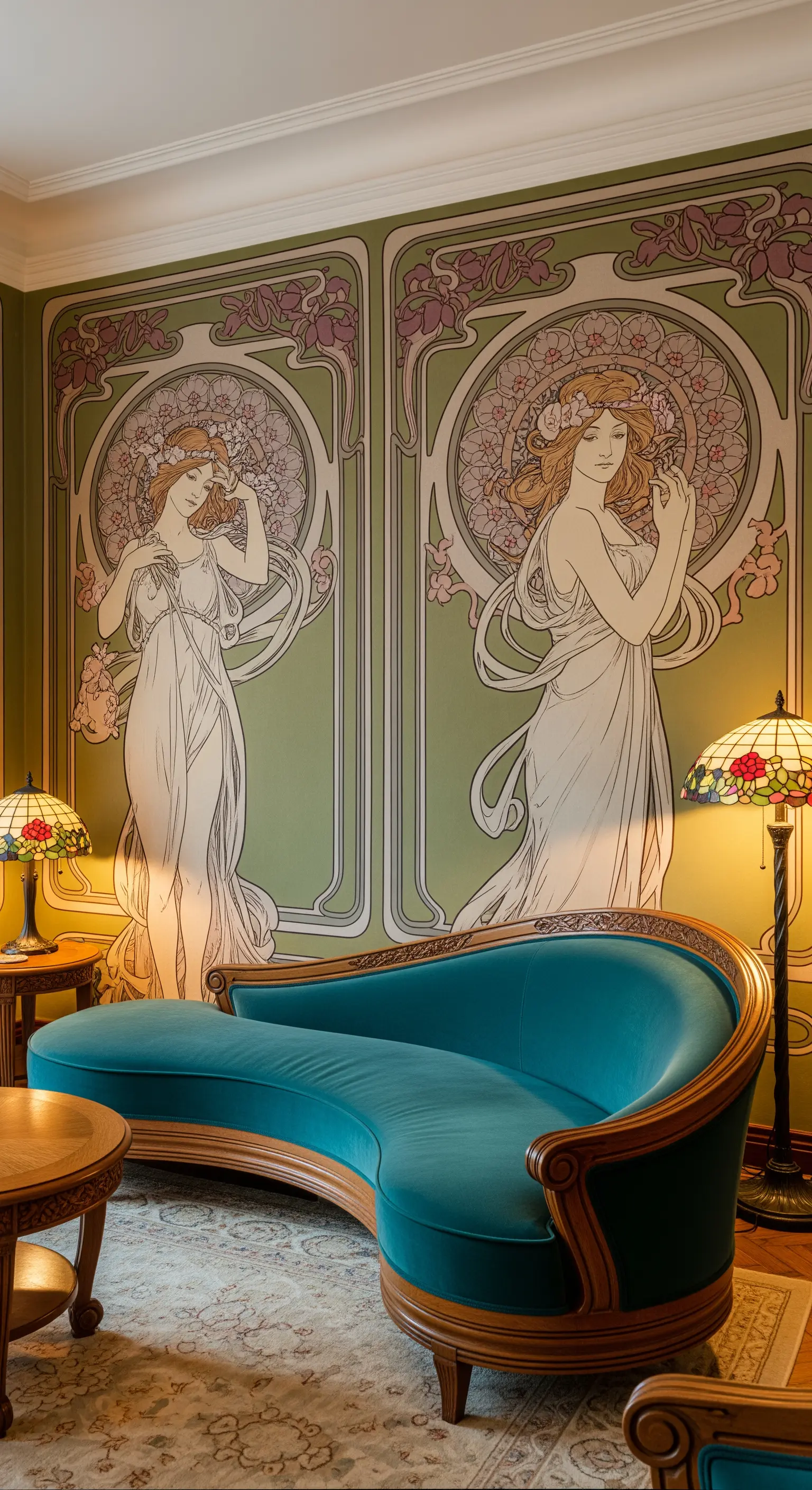 Salotto Art Nouveau con murale stile Mucha e divano curvo in velluto petrolio.