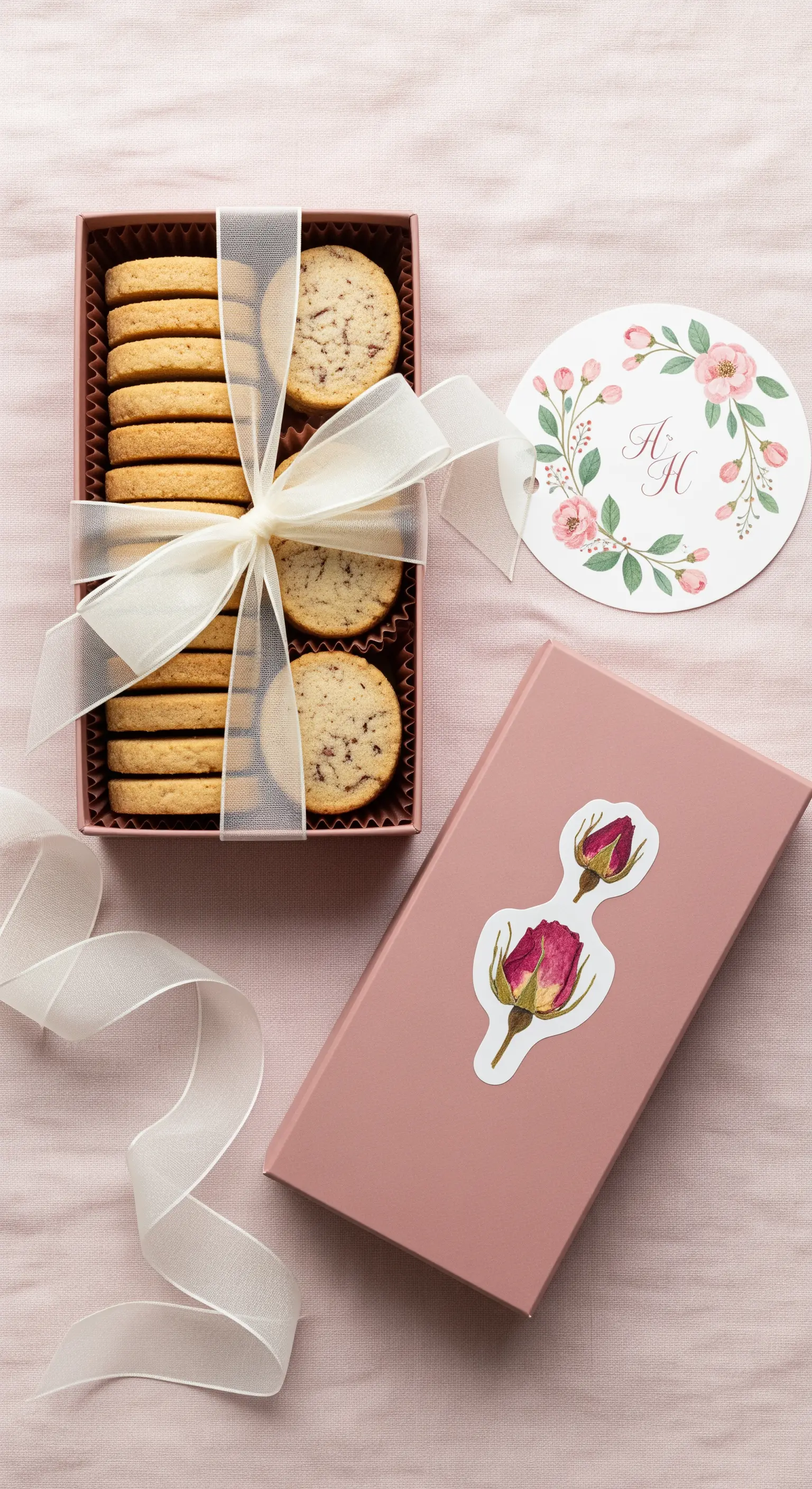 Biscotti in una scatola rosa antico chiusa da un nastro di organza e decorata con un adesivo floreale.