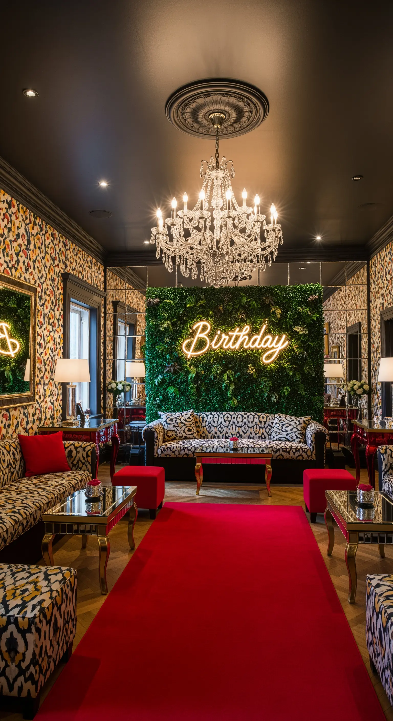 Salotto eclettico con parete verde, insegna Birthday al neon e tappeto rosso.