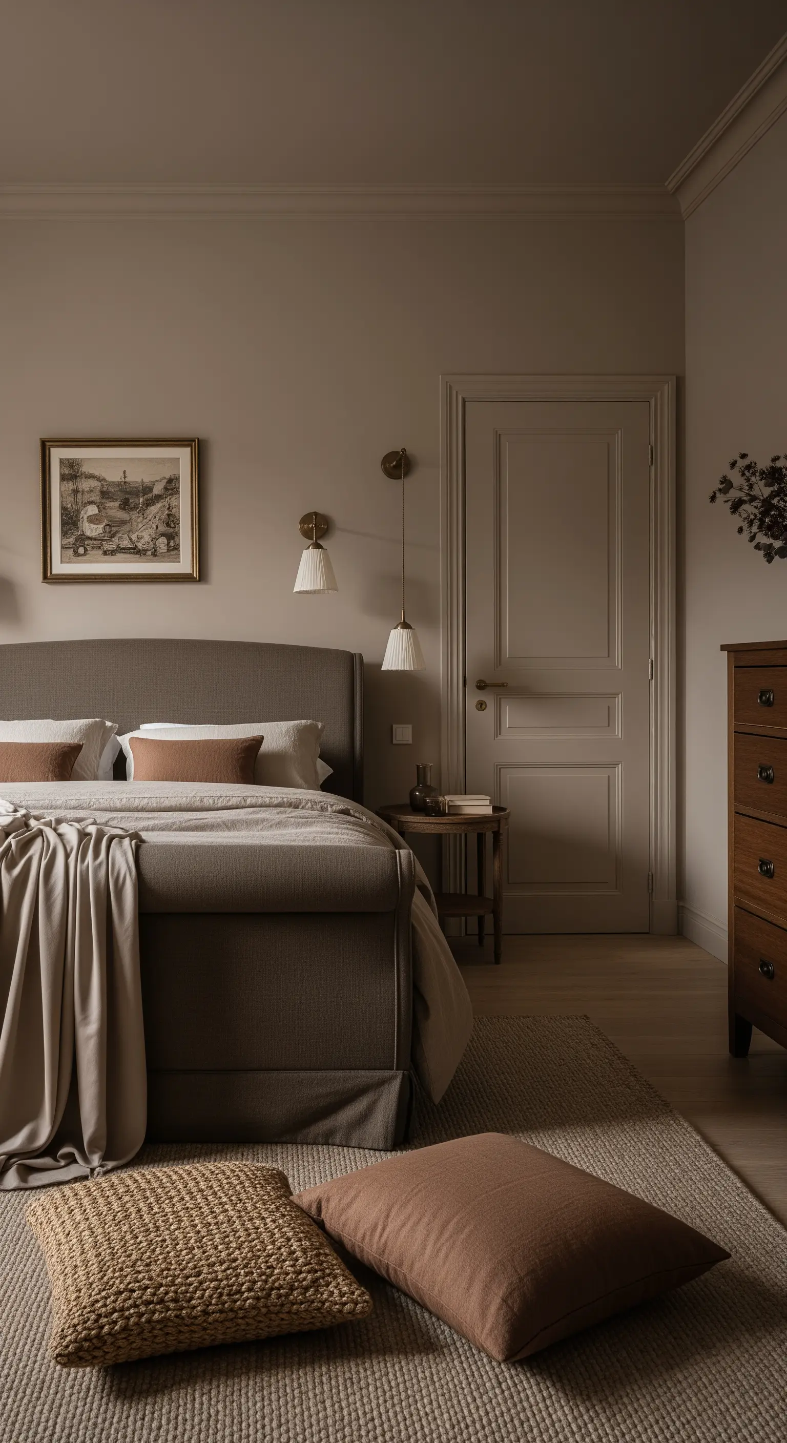 Camera da letto in greige con letto imbottito, arredi in legno e cuscini in juta.