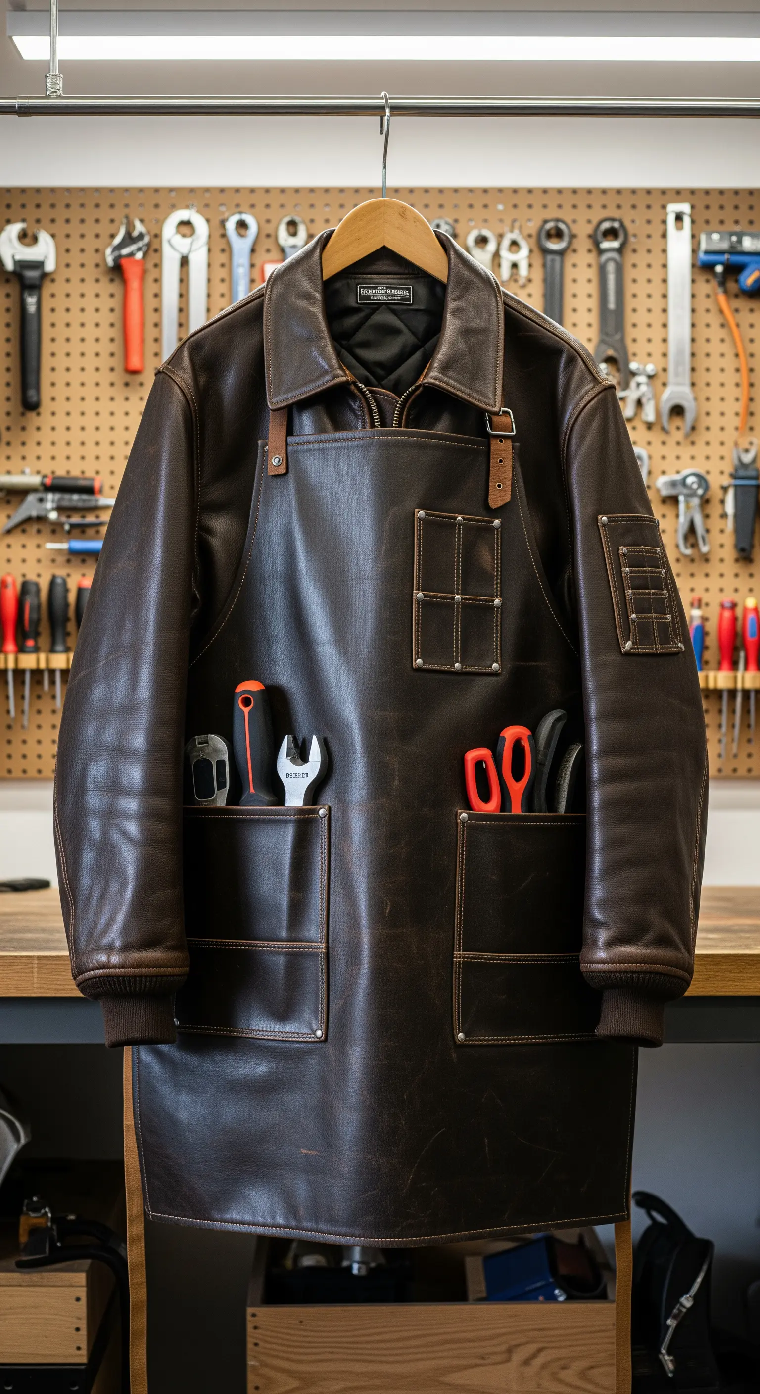Grembiule da lavoro in pelle marrone, ricavato da una giacca, con tasche per attrezzi.
