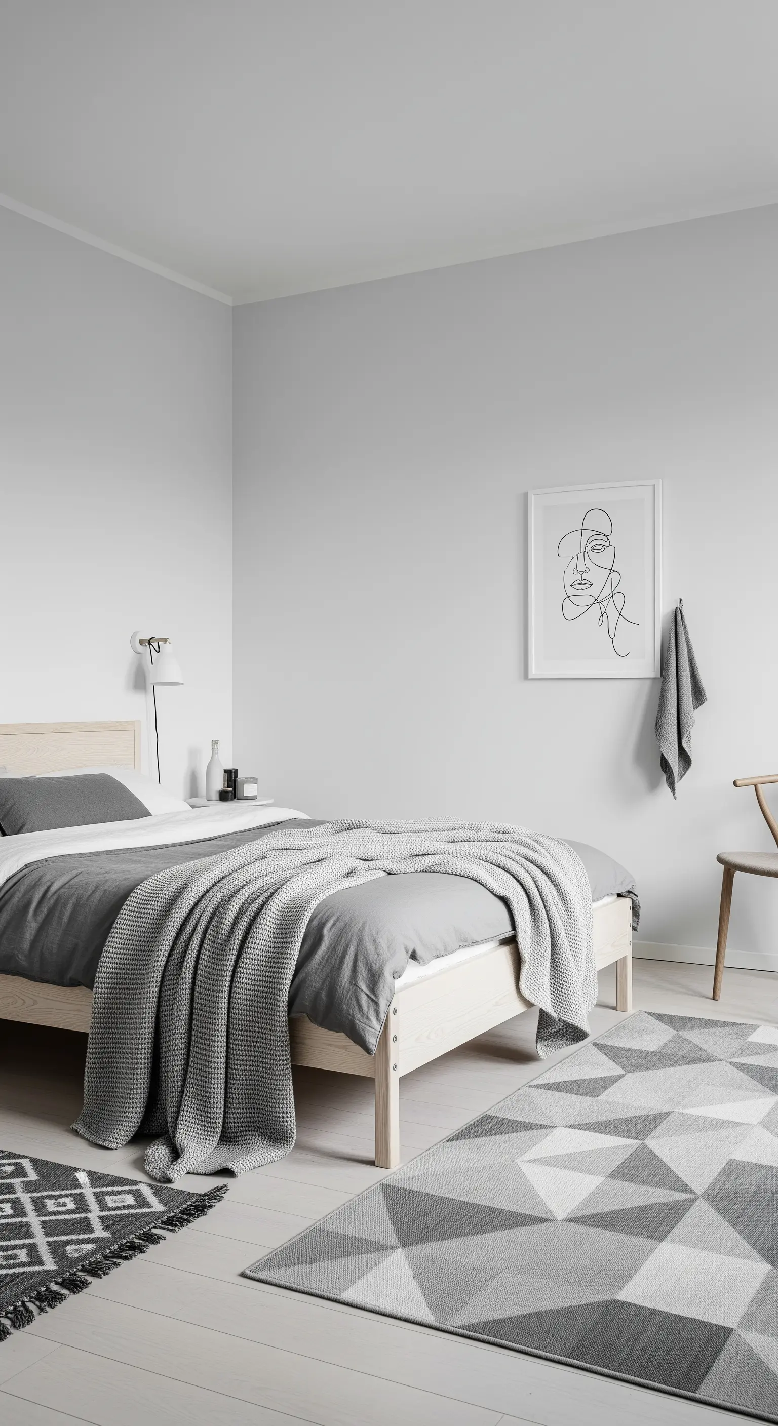 Camera da letto scandinava in grigio chiaro con letto in legno e tappeti geometrici.