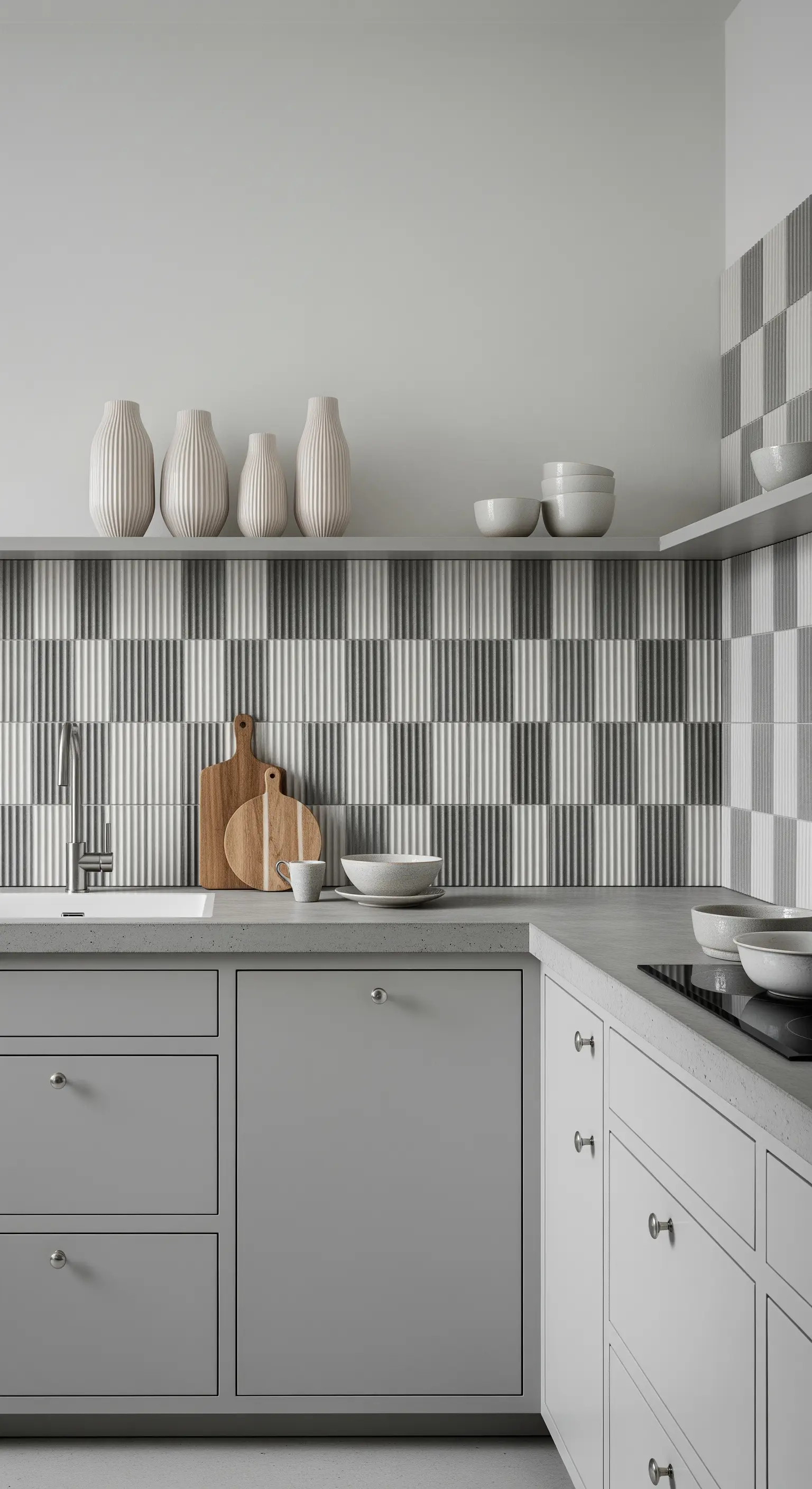 Cucina minimalista grigio chiaro con alzatina di piastrelle a coste verticali.