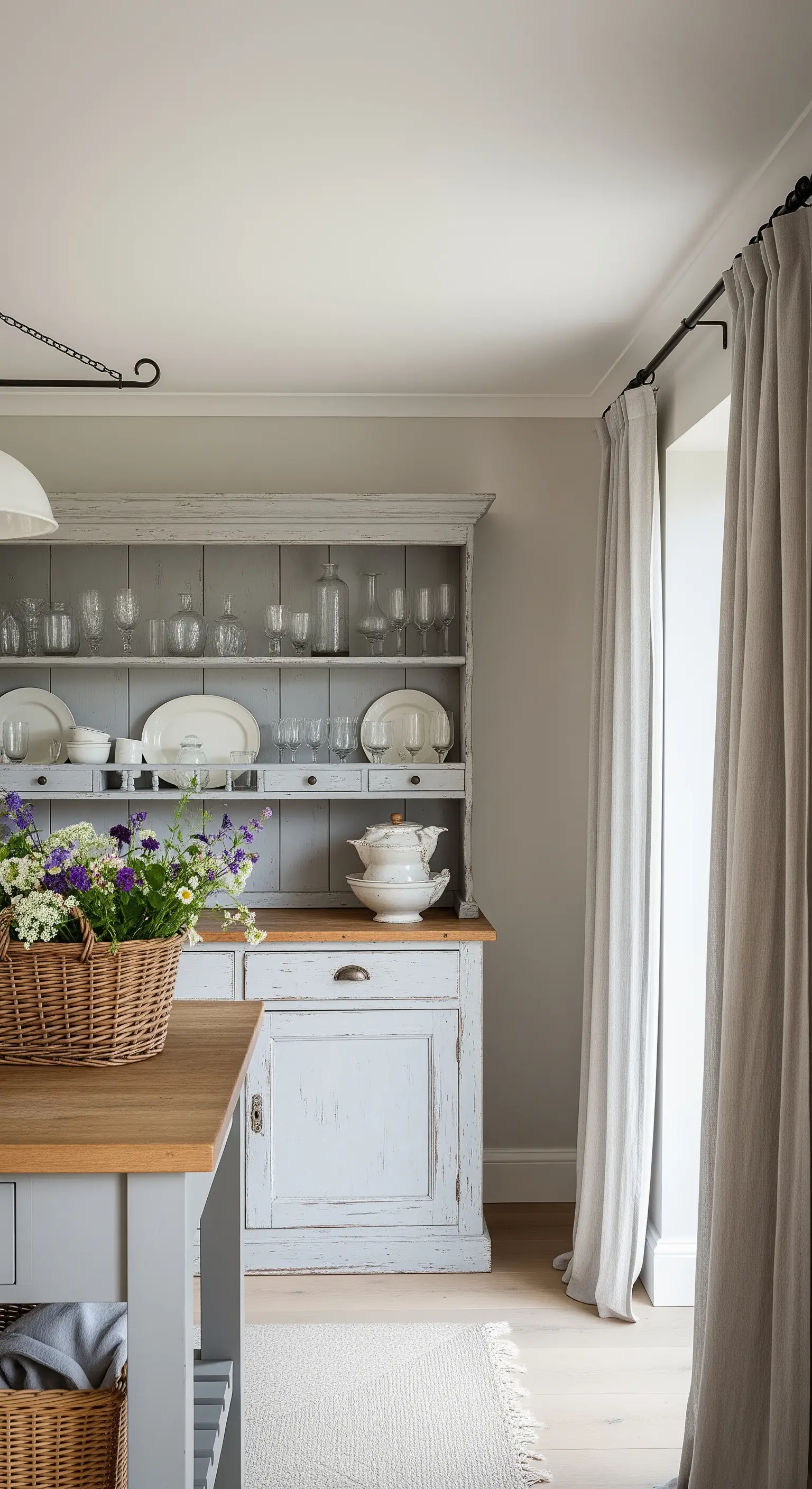 Credenza shabby grigio polvere con stoviglie a vista e cesto di fiori.