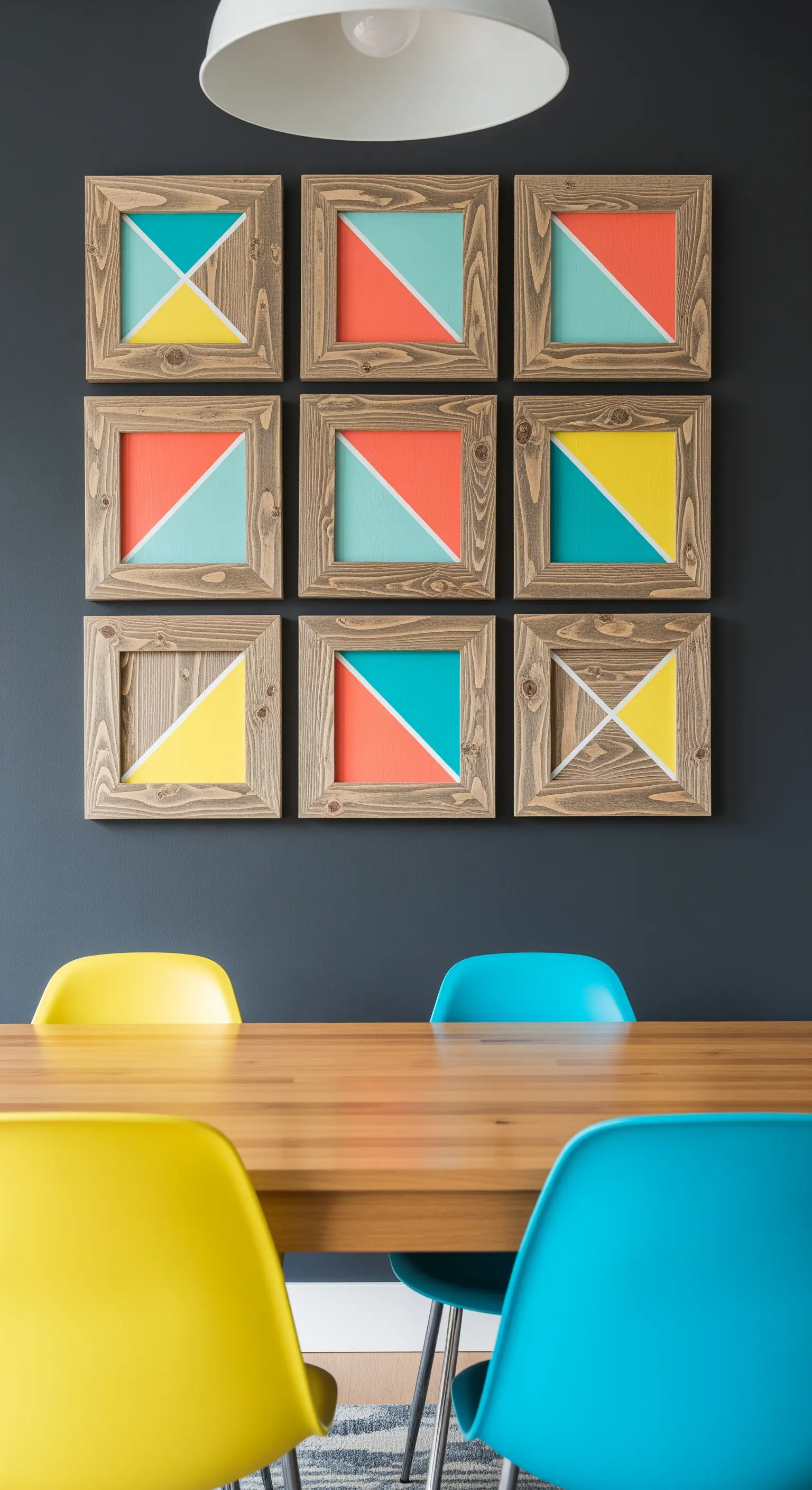 Nove cornici in legno disposte a griglia con motivi geometrici colorati su una parete scura.