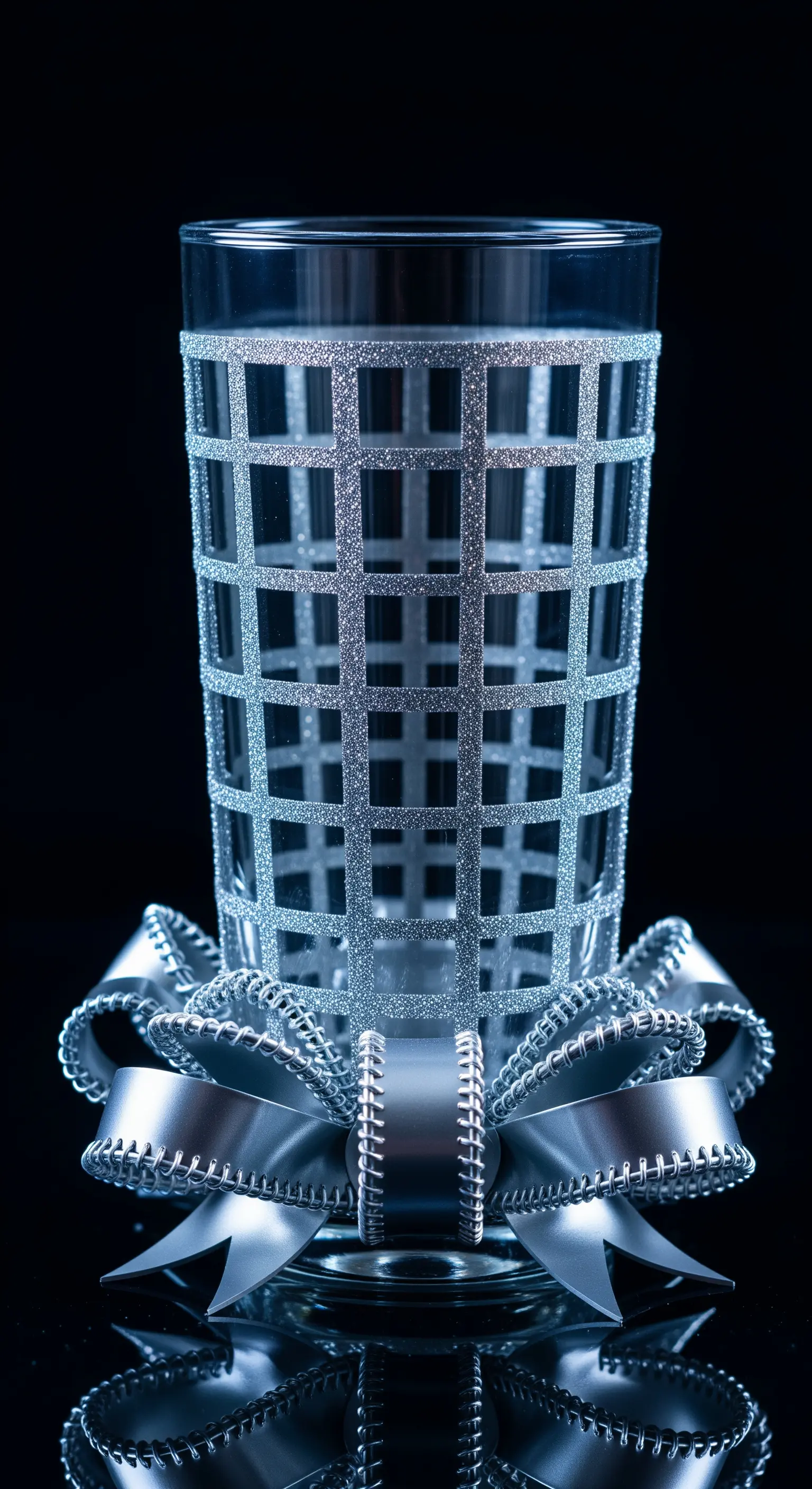 Bicchiere con un motivo a griglia in glitter argento e un grande fiocco abbinato.