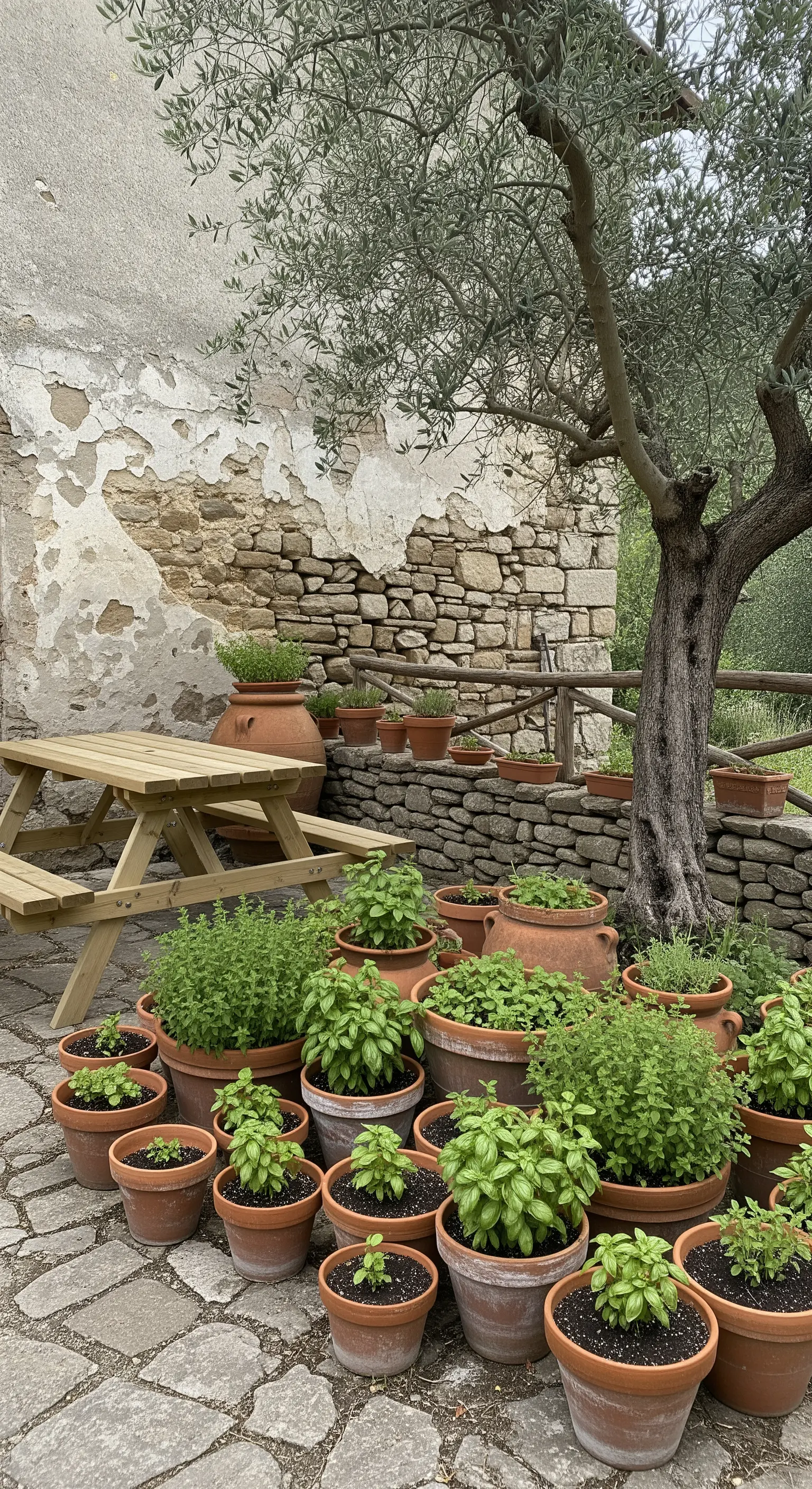 Composizione di vasi in terracotta con erbe aromatiche ai piedi di un ulivo.