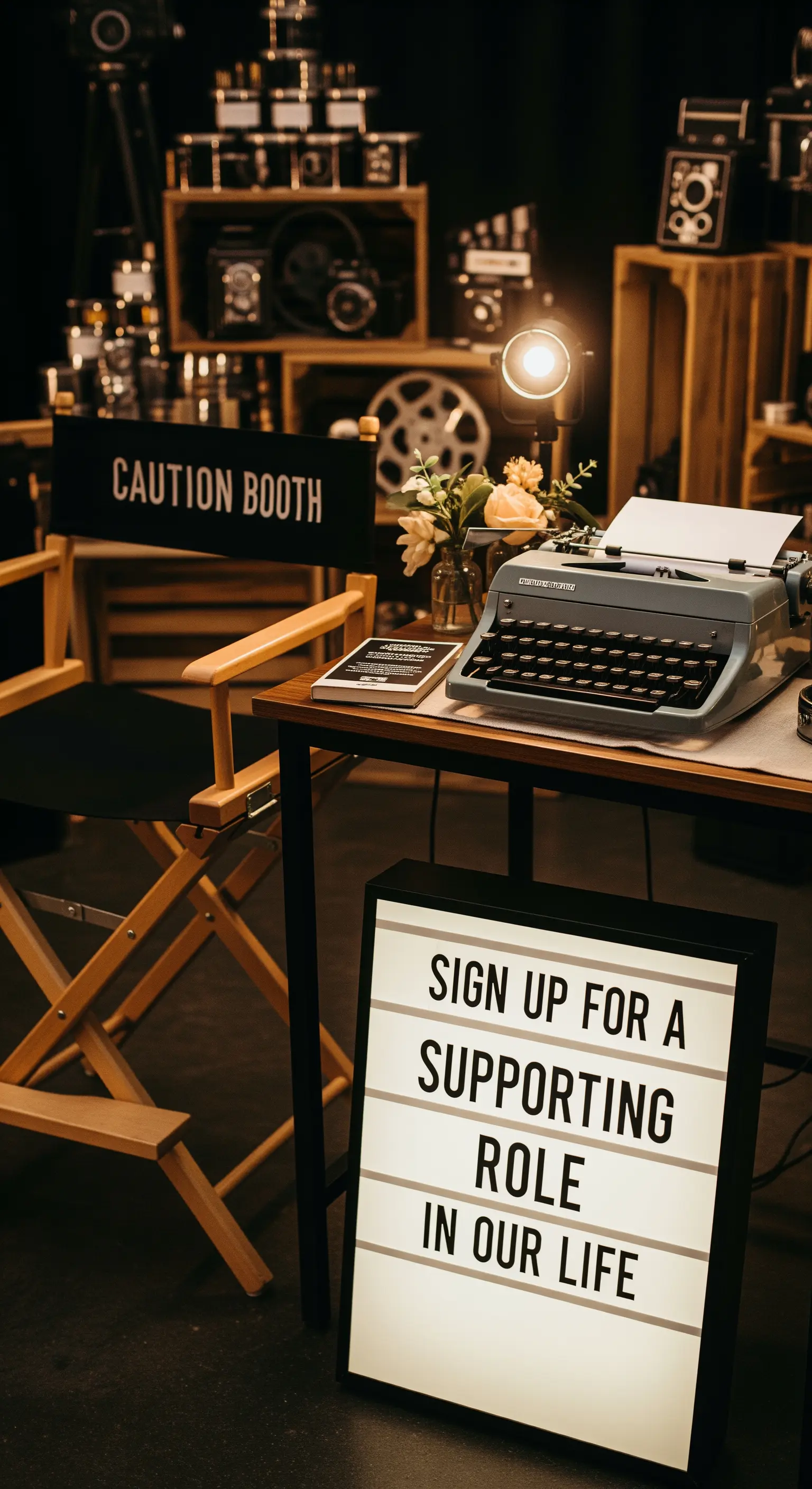 Angolo guest book a tema cinema con macchina da scrivere, sedia da regista e lavagna luminosa