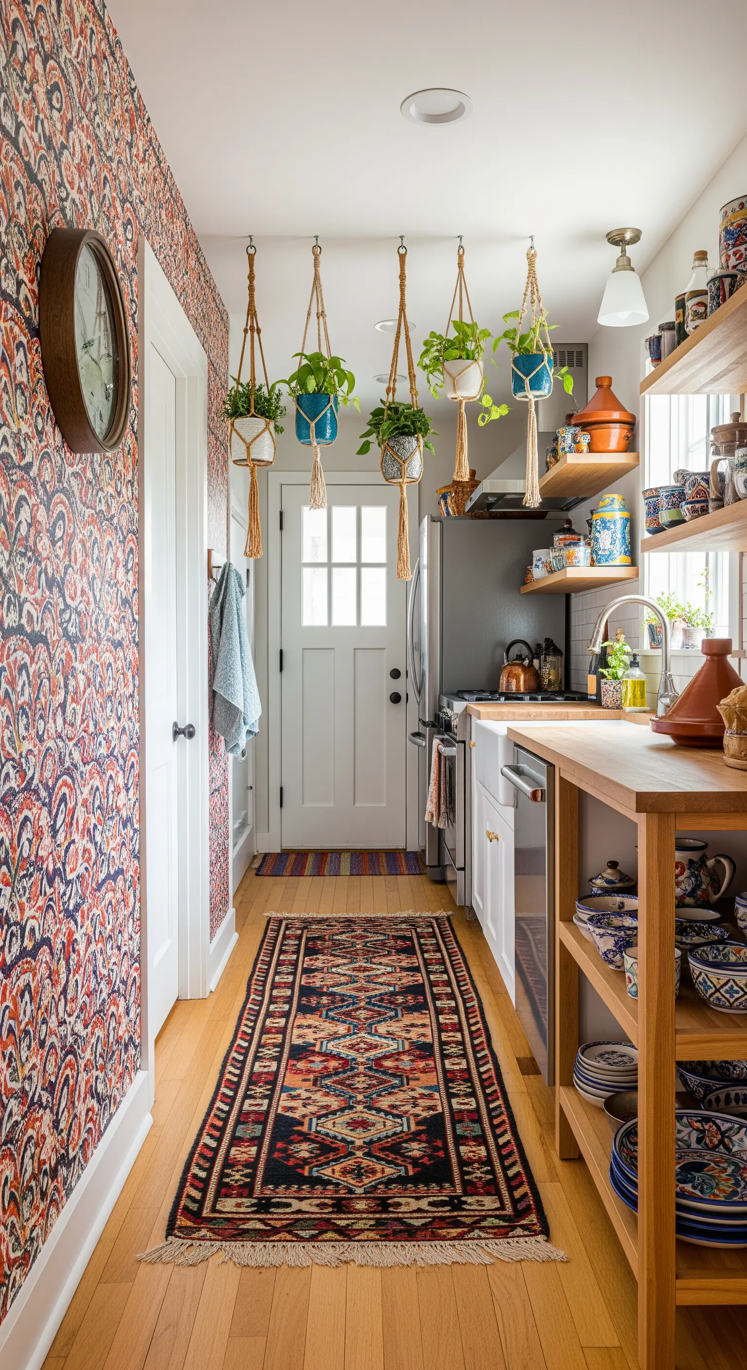 Cucina a corridoio con carta da parati a motivi, tappeto runner e piante sospese.