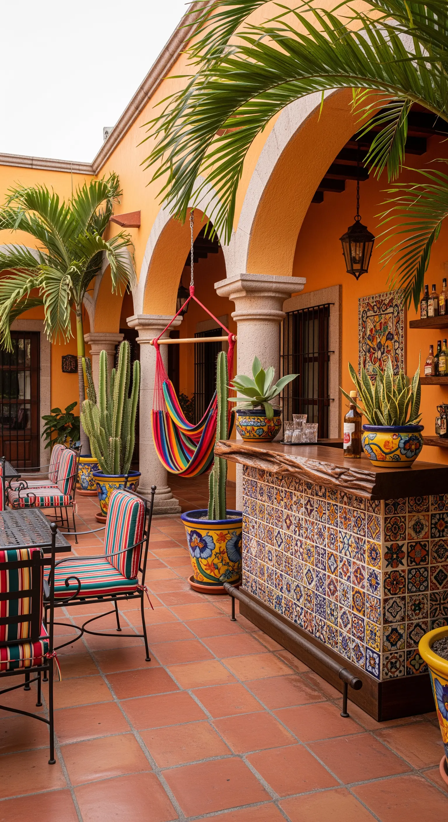 Patio in stile messicano con pareti arancioni, bar piastrellato, cactus e amaca colorata.