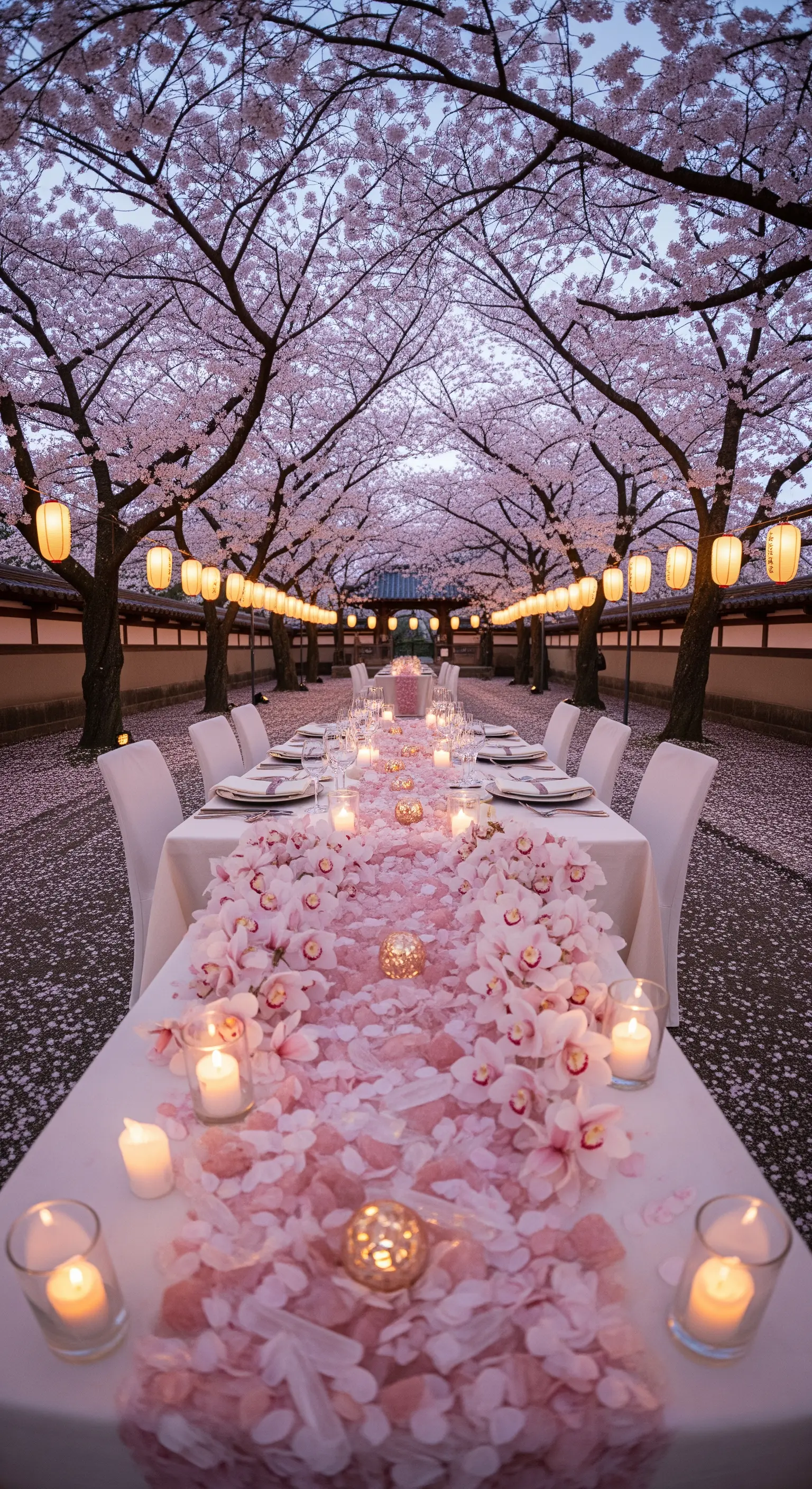 Lungo tavolo sotto alberi di ciliegio in fiore, con un runner di petali e orchidee rosa.