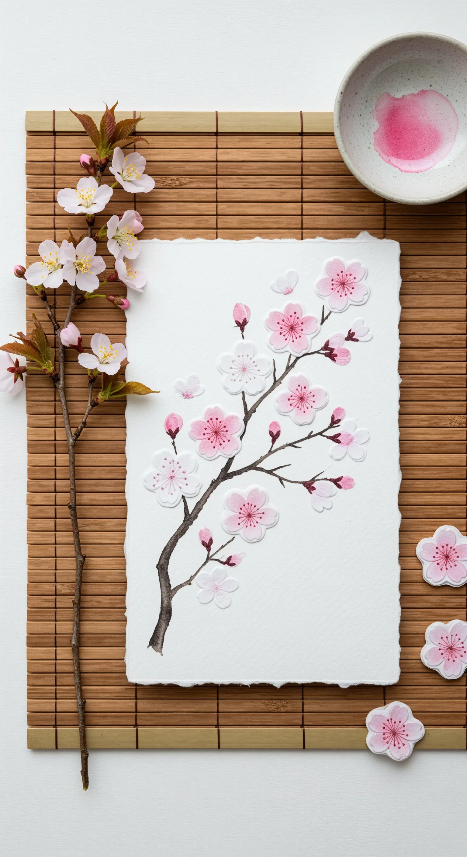 Invito con ramo di ciliegio dipinto e fiori di carta applicati in rilievo per un effetto 3D.