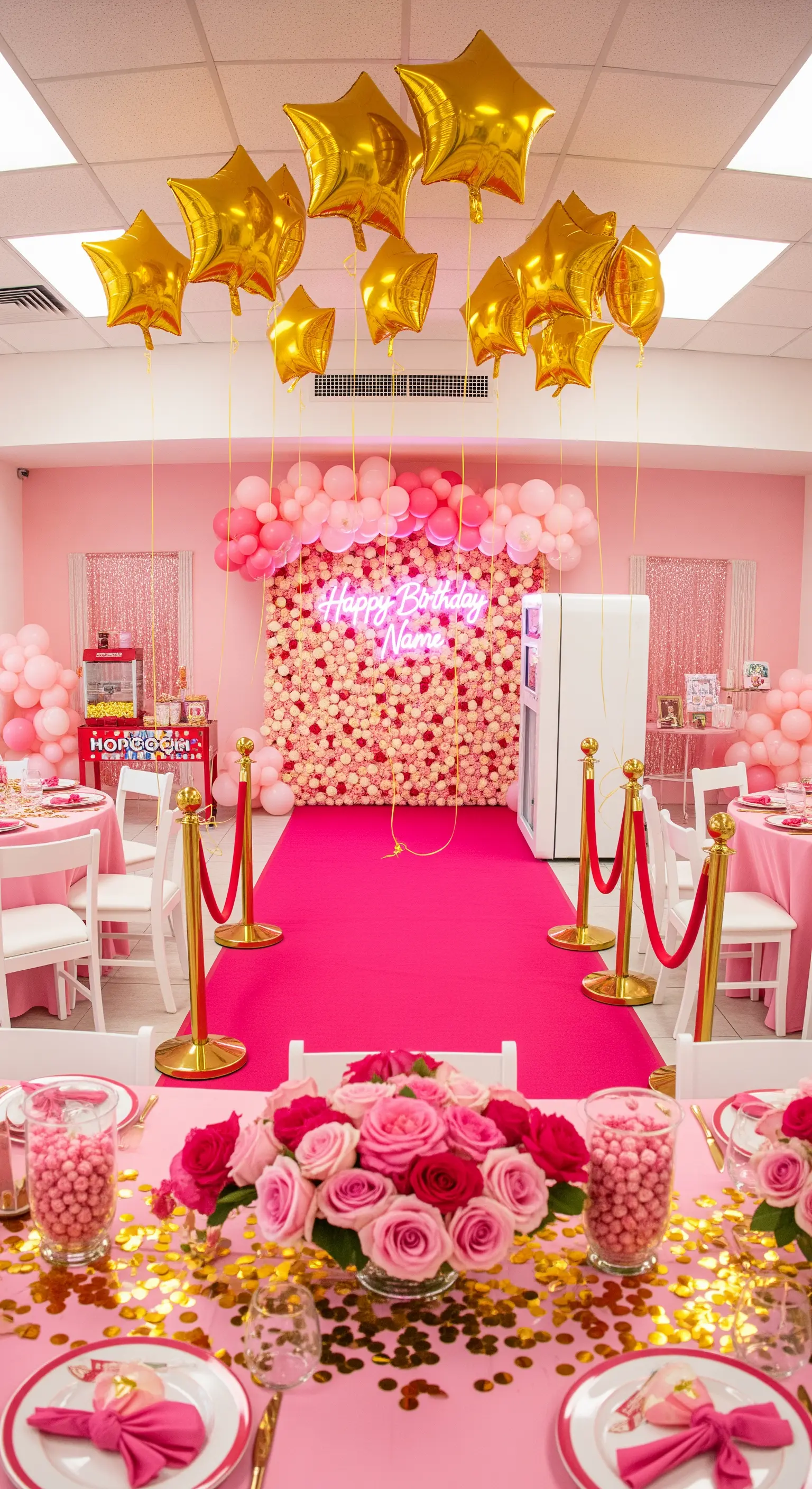 Allestimento festa a tema Hollywood in rosa e oro con palloncini e parete di fiori.