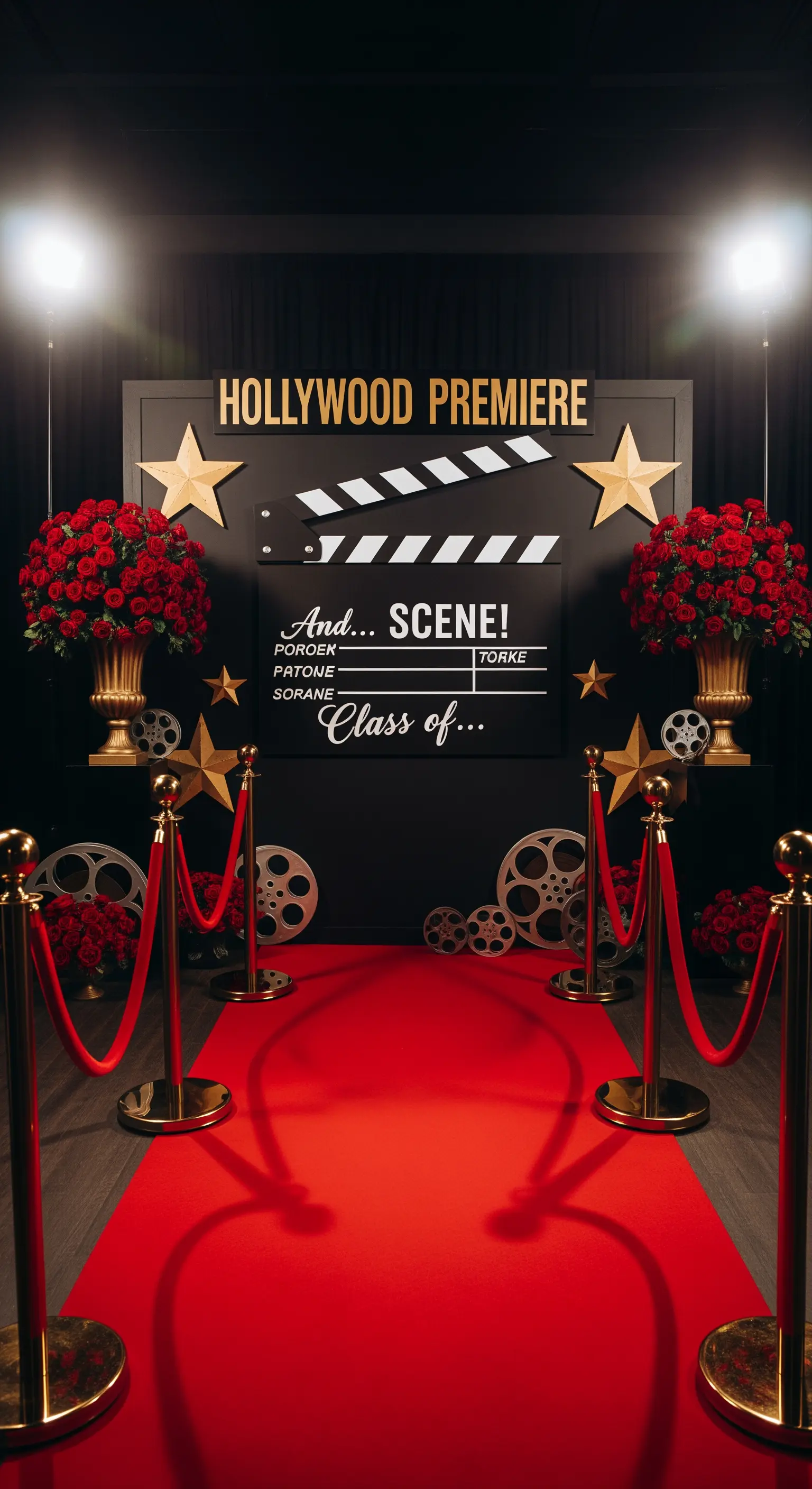 Allestimento a tema Hollywood con red carpet, ciak, stelle e rose rosse.