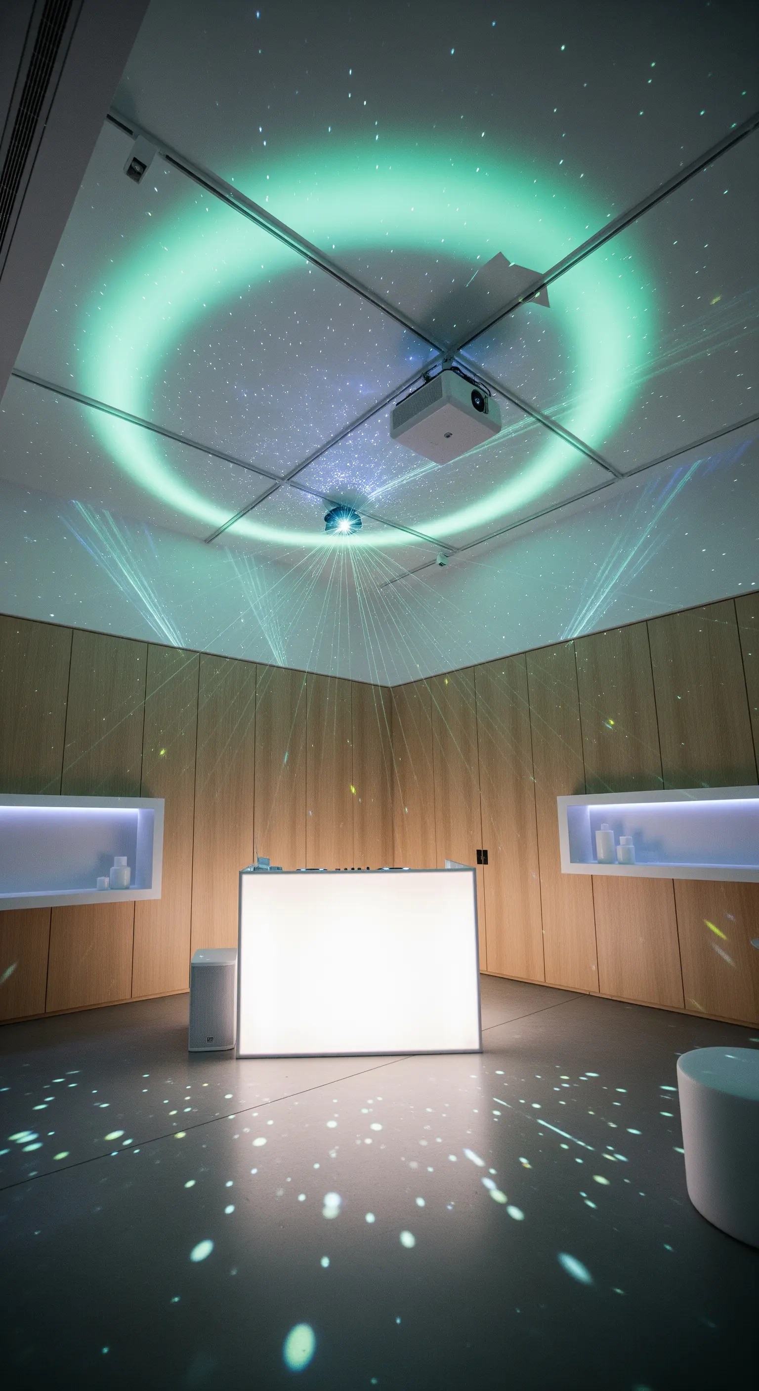 Semplice DJ booth luminoso in una stanza con proiezioni di stelle sul soffitto.