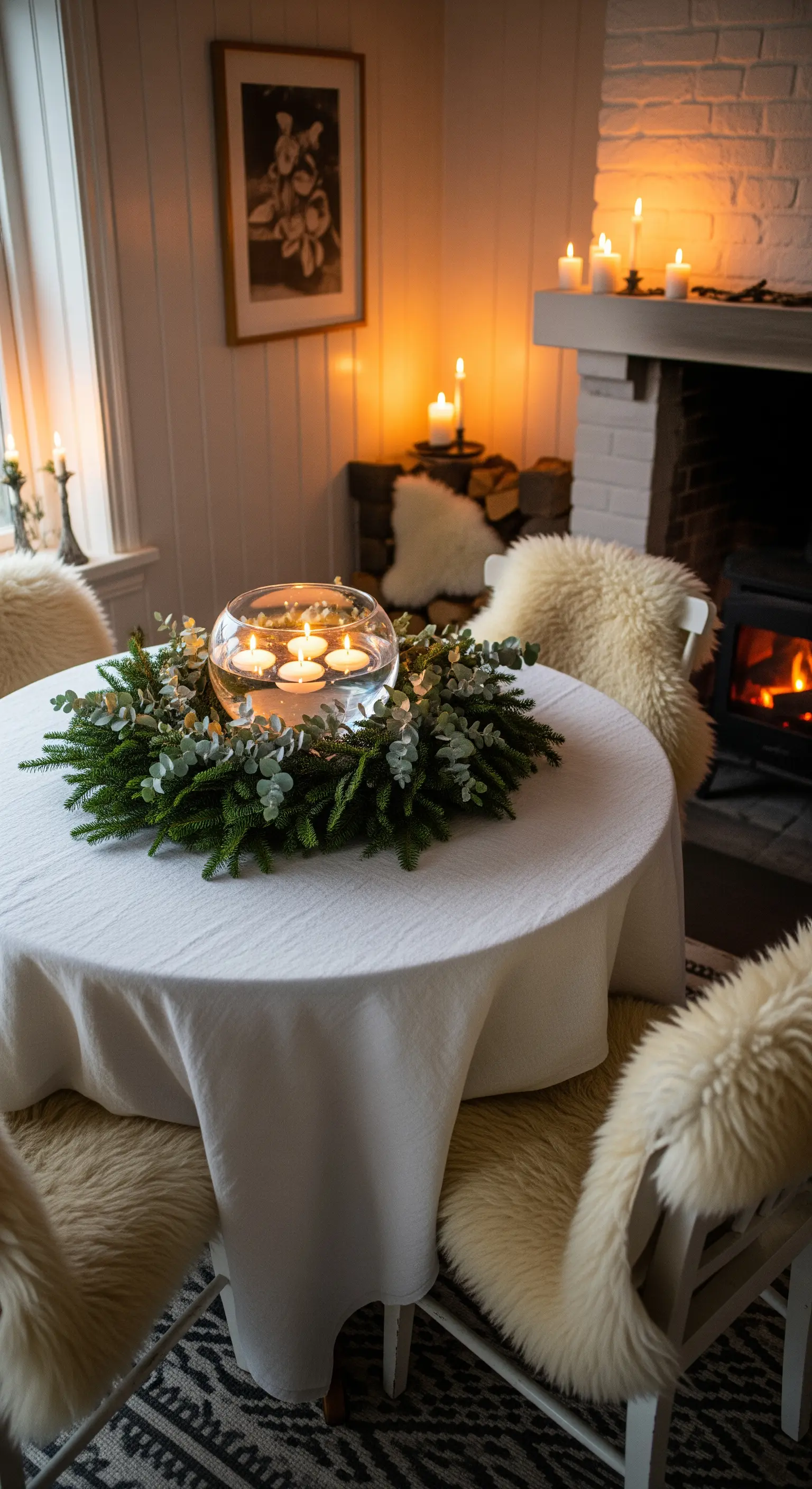 Tavolino natalizio con centrotavola di candele galleggianti e sedie con pelliccia.
