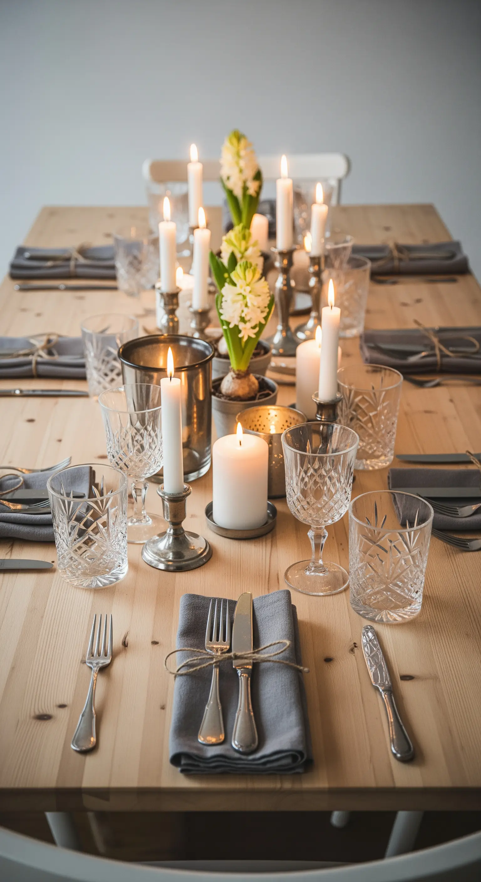 Tavola in stile scandinavo con giacinti in vaso, tovaglioli di lino grigio e candele.