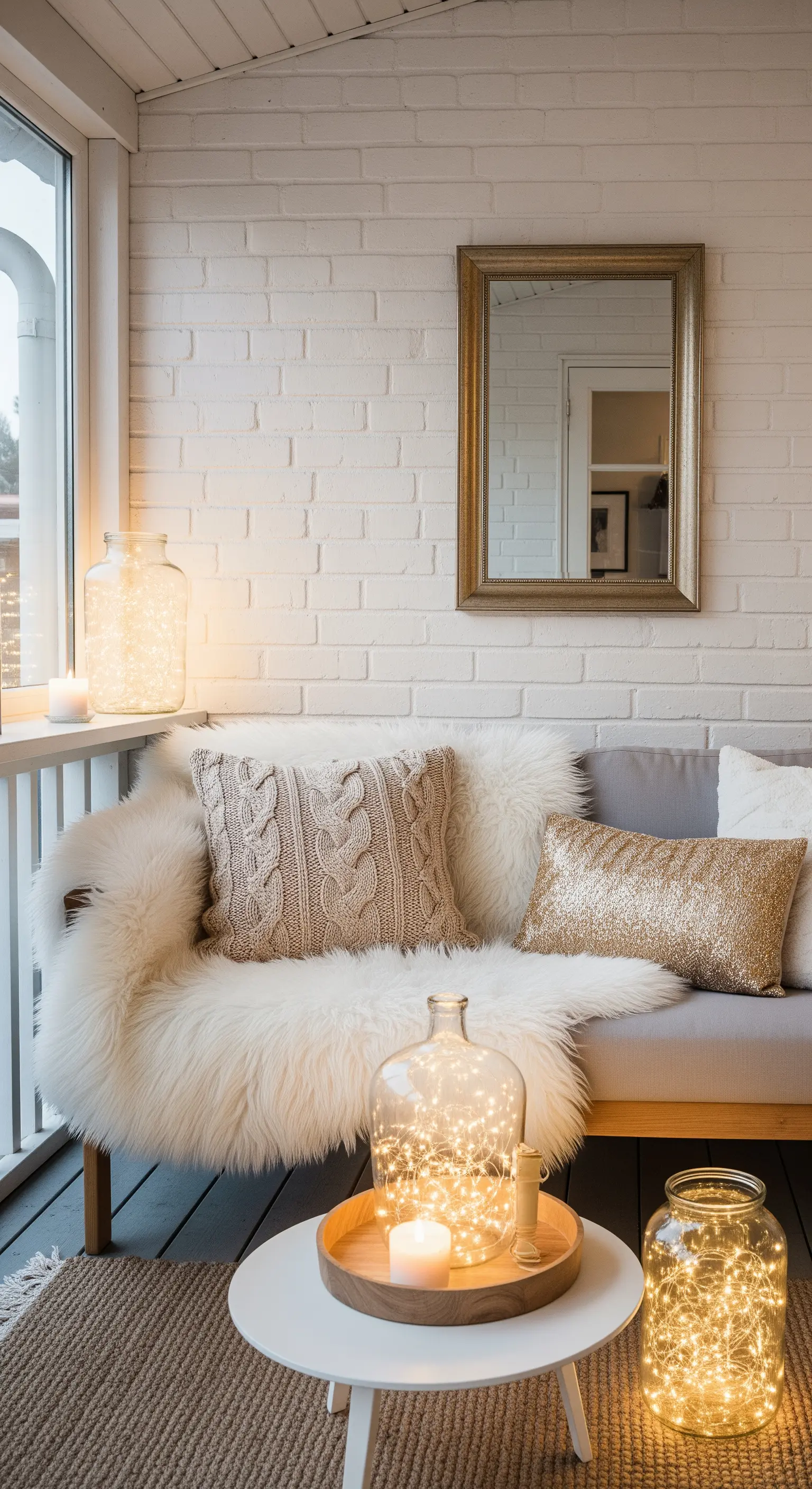 Portico scandinavo con divano grigio, pelliccia bianca e luci in barattoli di vetro.