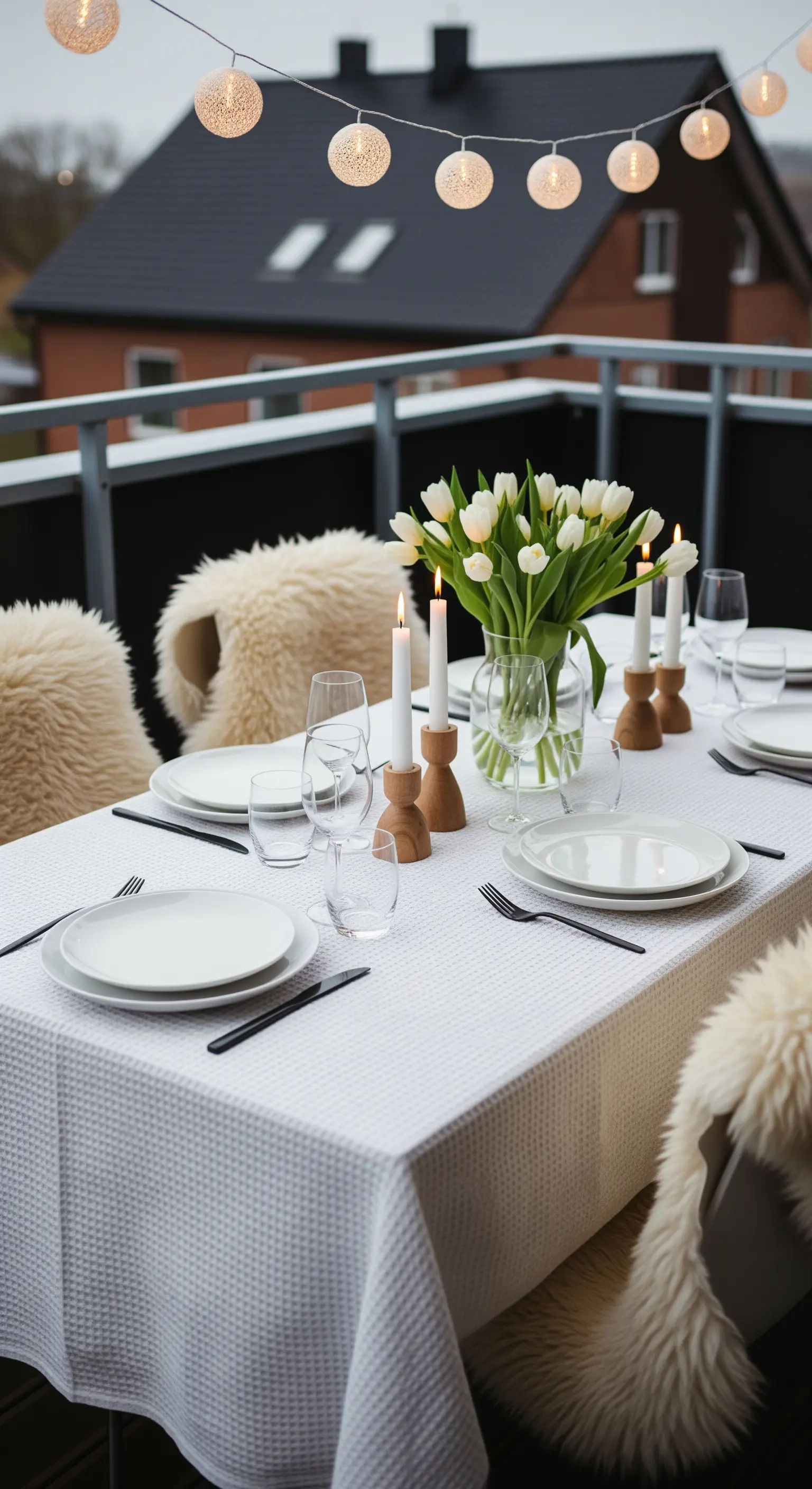 Tavola in stile nordico con pelli di pecora sulle sedie e tulipani bianchi.