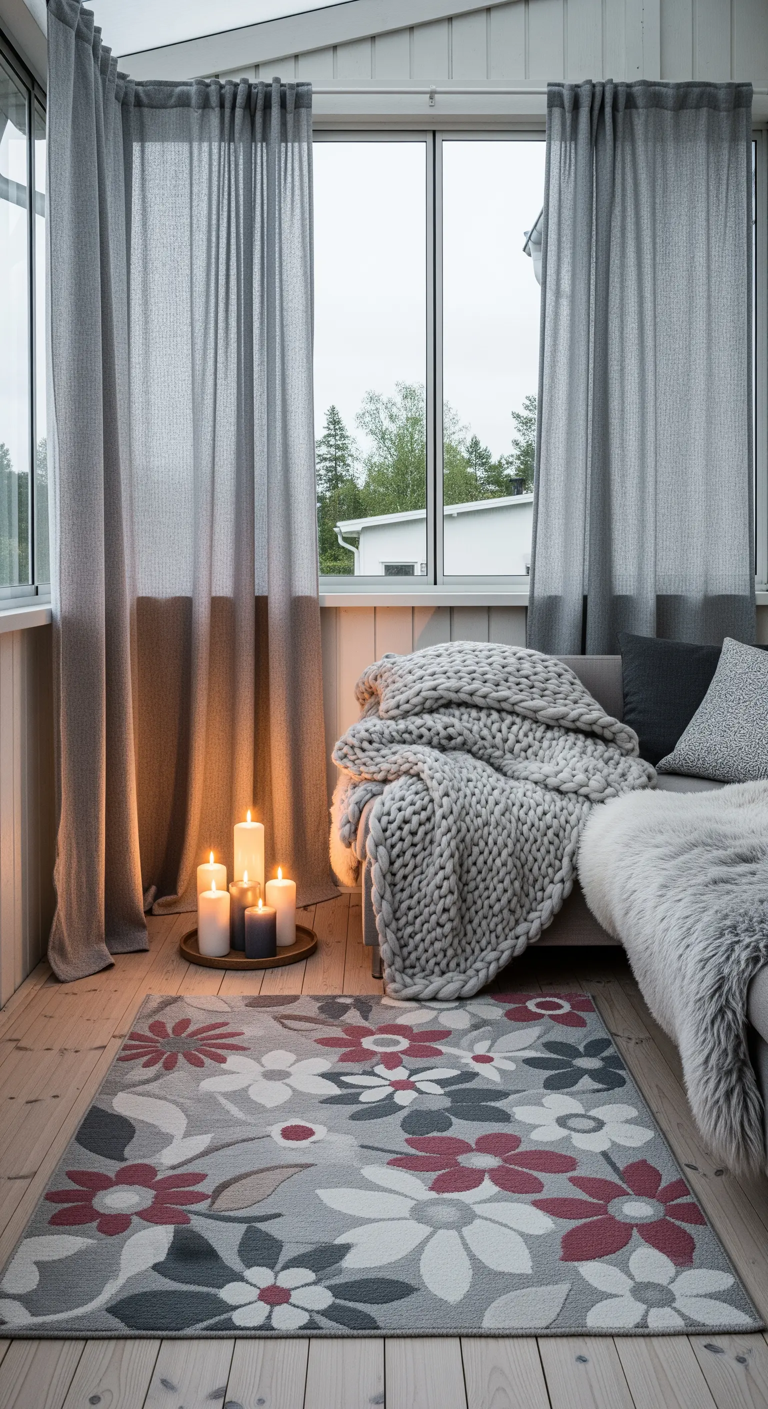 Veranda chiusa in stile scandinavo con coperte a maglia grossa e tappeto floreale grigio.