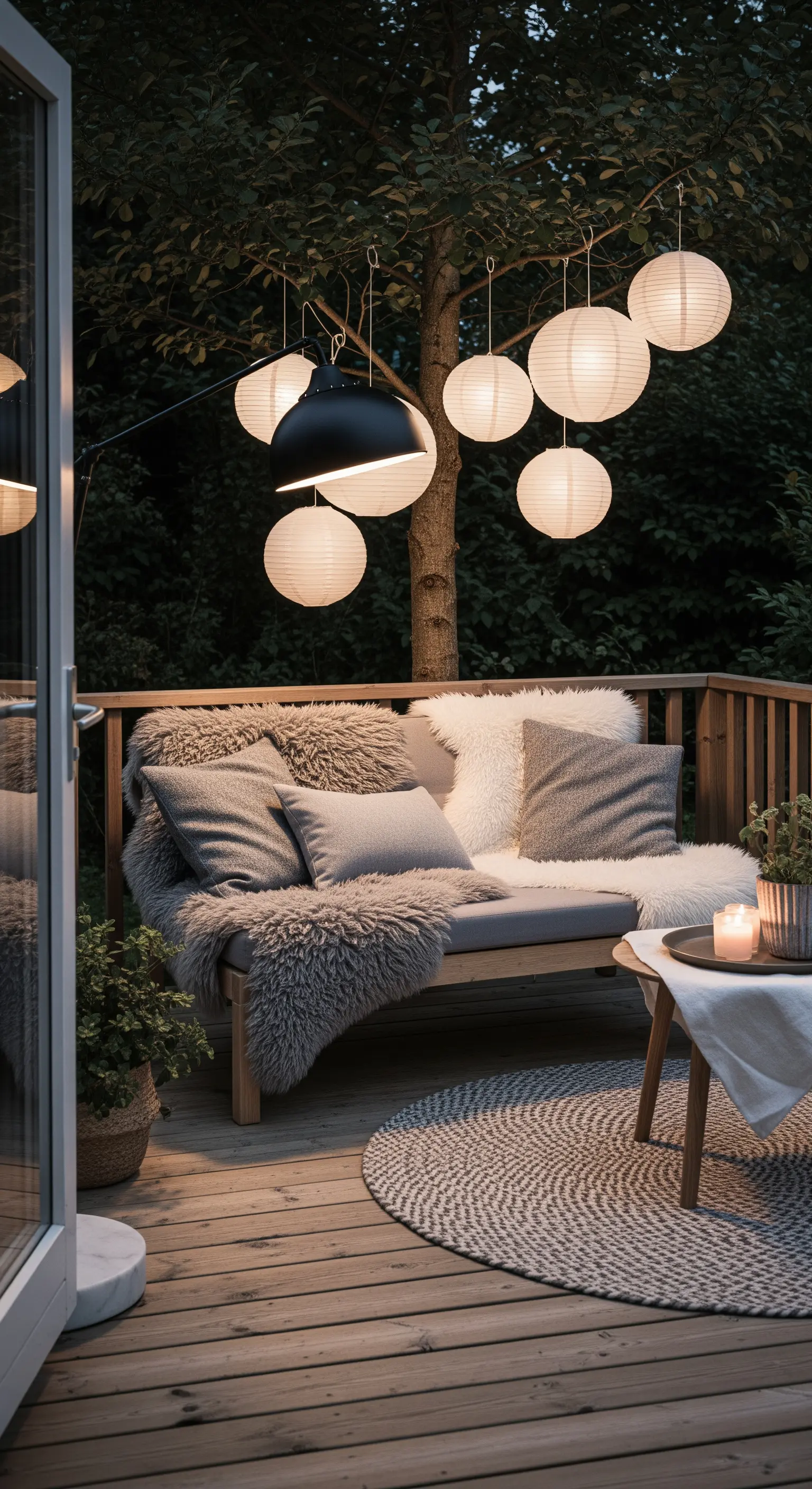 Balcone in stile scandinavo con divanetto in legno, tessuti morbidi e lanterne di carta.