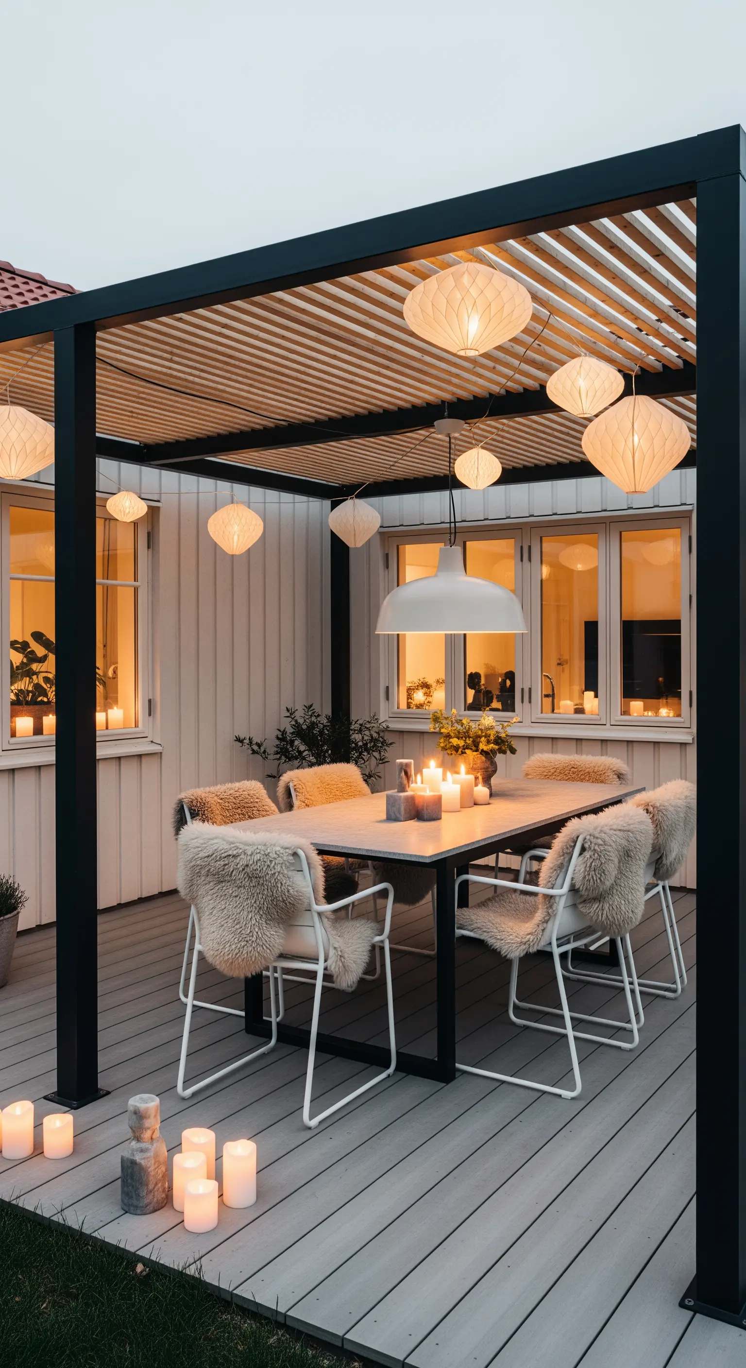 Patio in stile scandinavo con pergola nera, lanterne di carta e sedie coperte di pelliccia.
