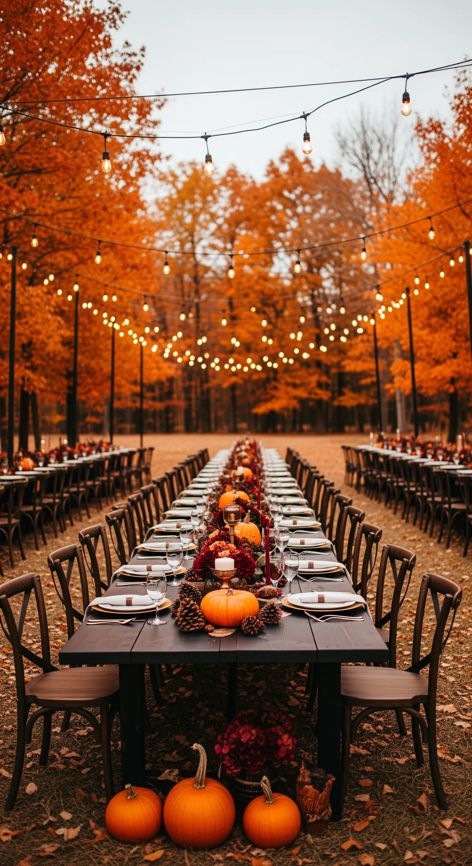 Tavolata autunnale in un bosco, decorata con zucche e illuminata da lucine calde.