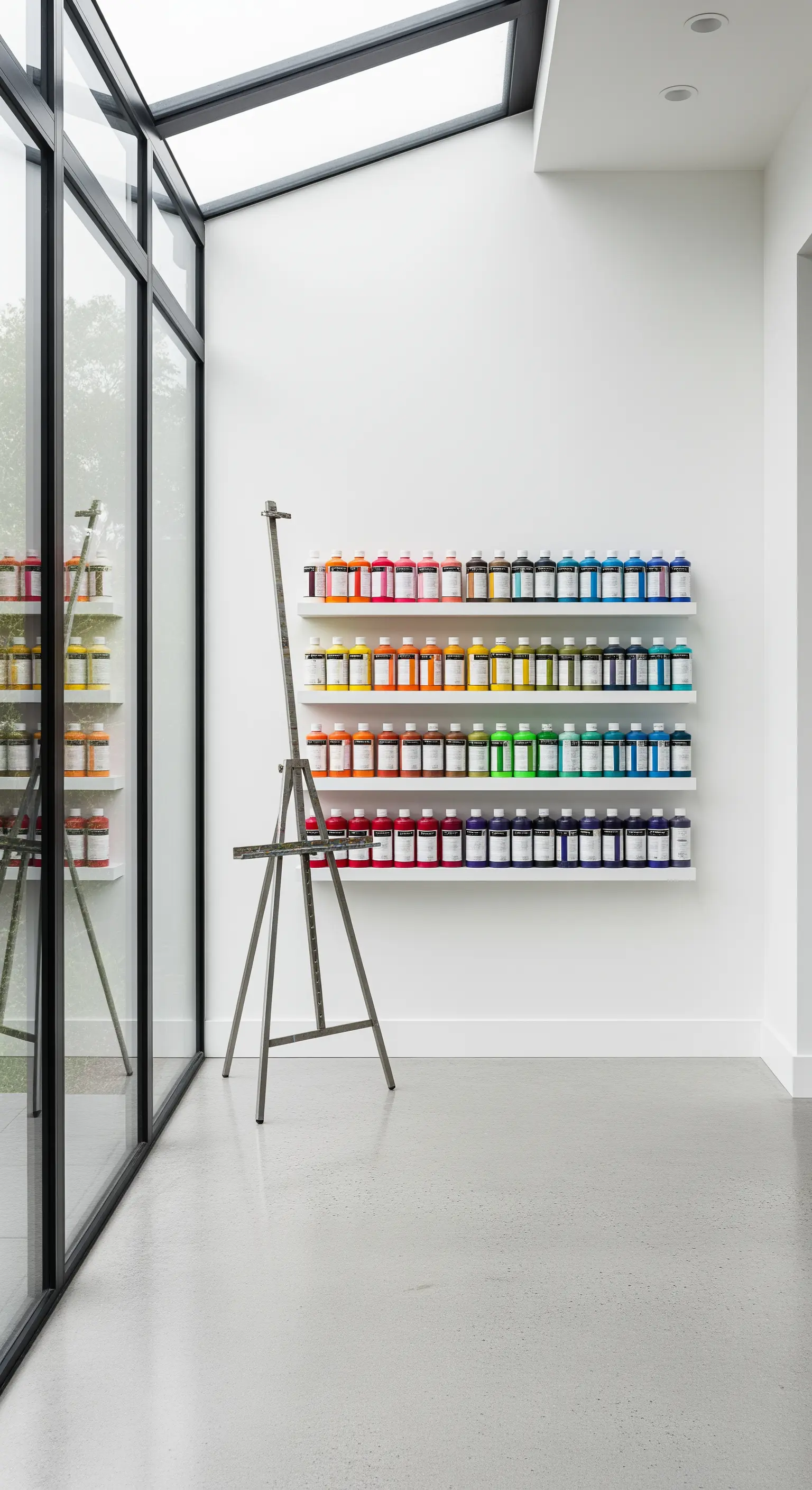 Studio moderno e minimale con flaconi di vernice colorata disposti su mensole bianche.