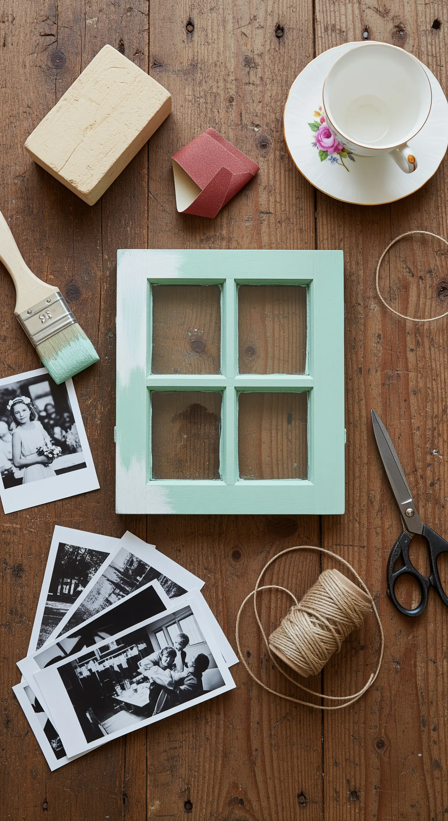 Kit fai-da-te per trasformare una finestra: vernice, pennello, spago e fotografie.