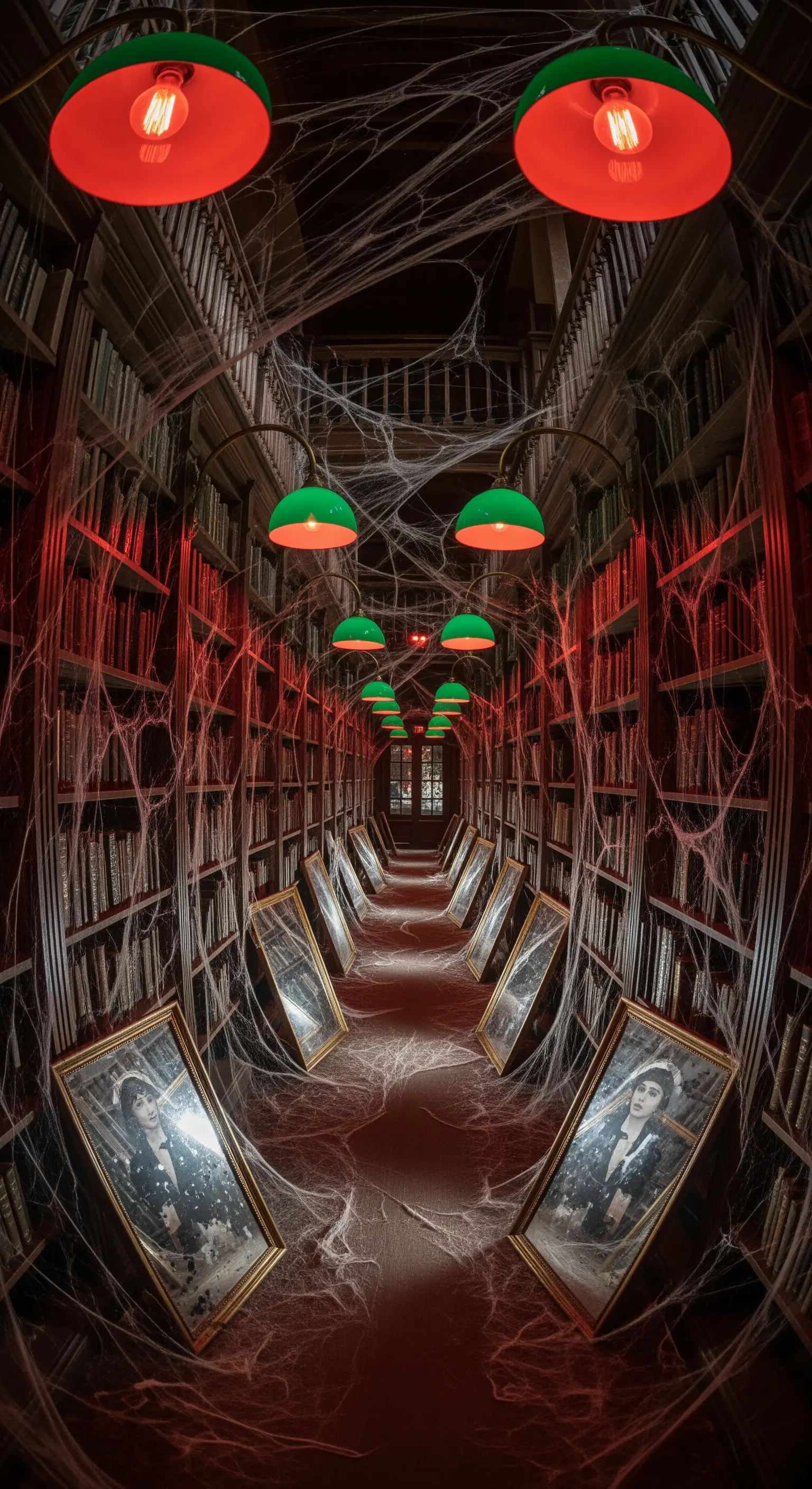 Corridoio-biblioteca con ragnatele, quadri inclinati e luci verdi/rosse.