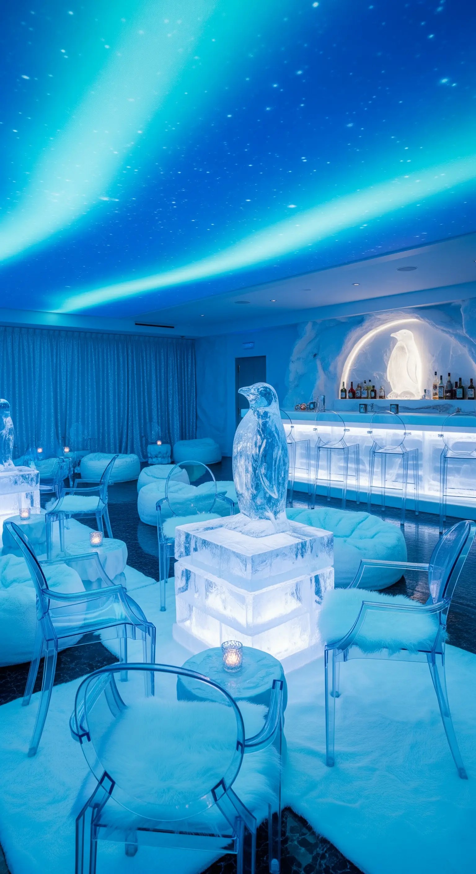 Ice bar con sculture di ghiaccio, sedie trasparenti e illuminazione blu.