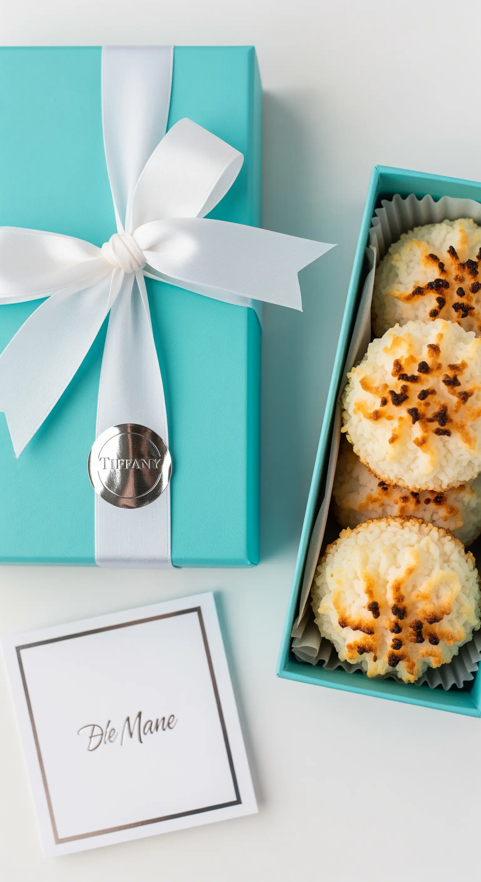 Dolcetti al cocco in una scatola azzurro Tiffany con un nastro di raso bianco.