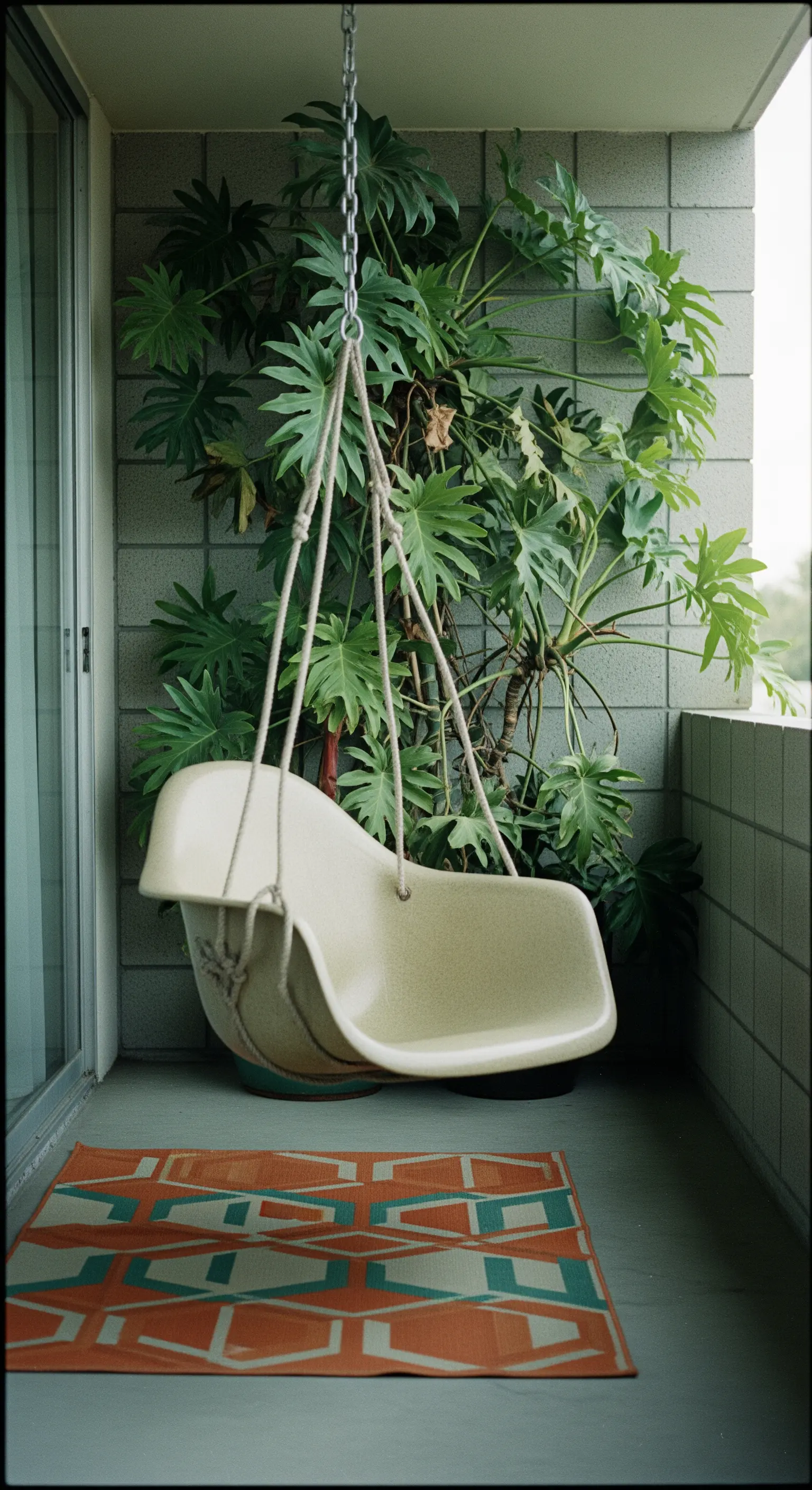 Sedia sospesa di design Mid-Century su un balcone con una grande pianta e un tappeto geometrico.