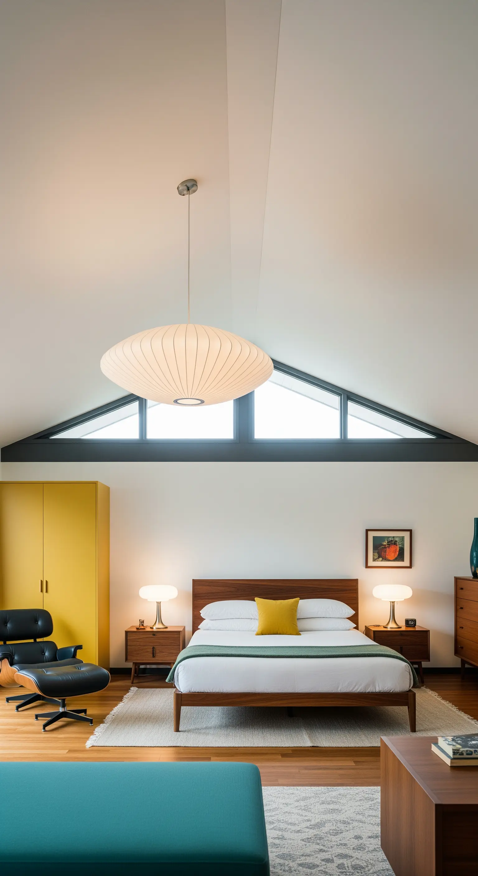 Lampada a sospensione George Nelson Saucer in una camera da letto Mid-Century con soffitto a falda.
