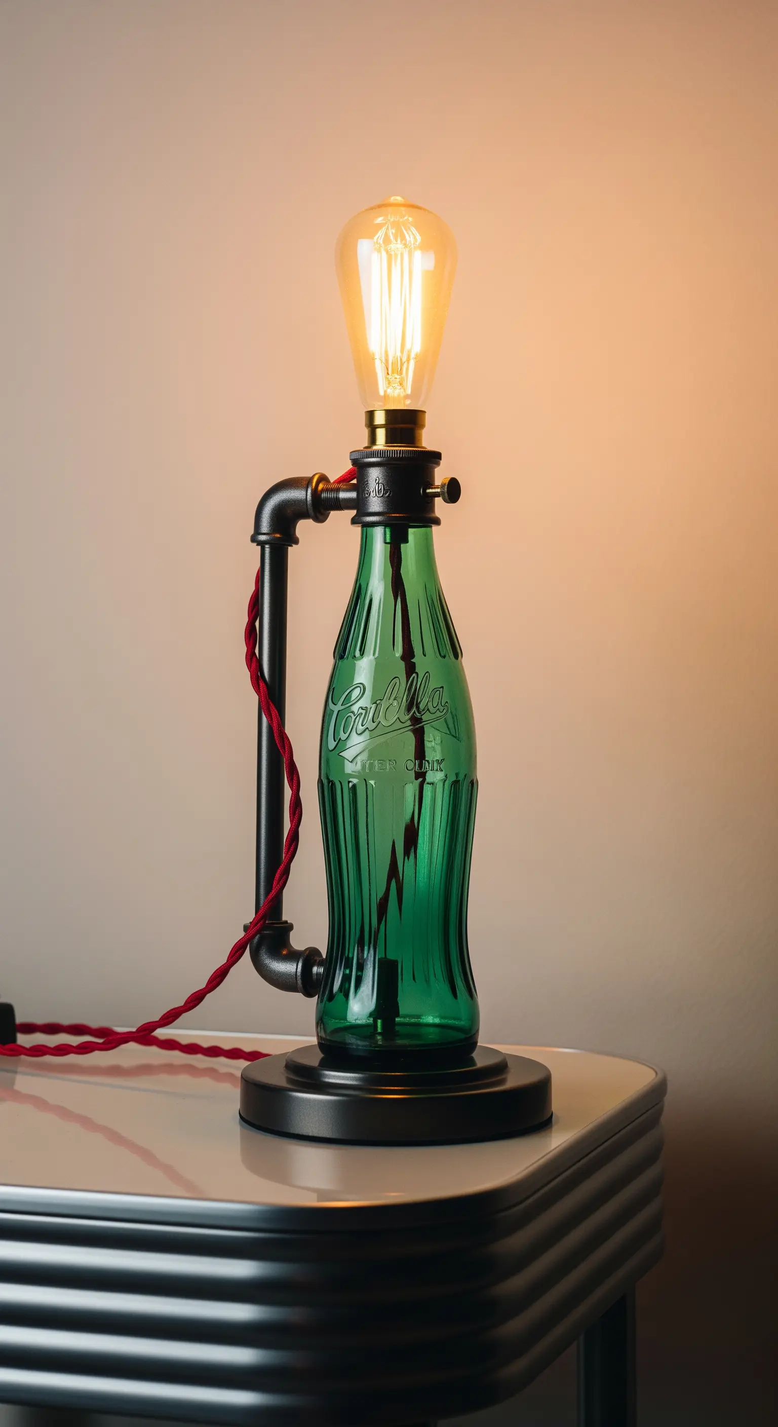 Lampada da tavolo con bottiglia vintage di Coca-Cola e cavo elettrico rosso.