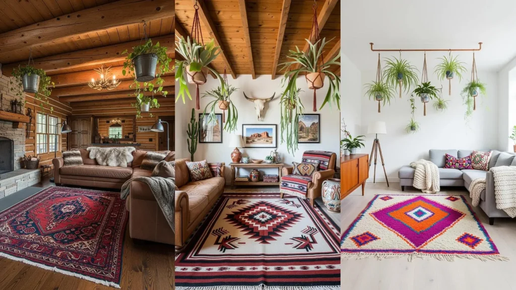 Tre salotti boho con tappeti etnici vivaci e piante sospese al soffitto, arredamento accogliente e naturale.