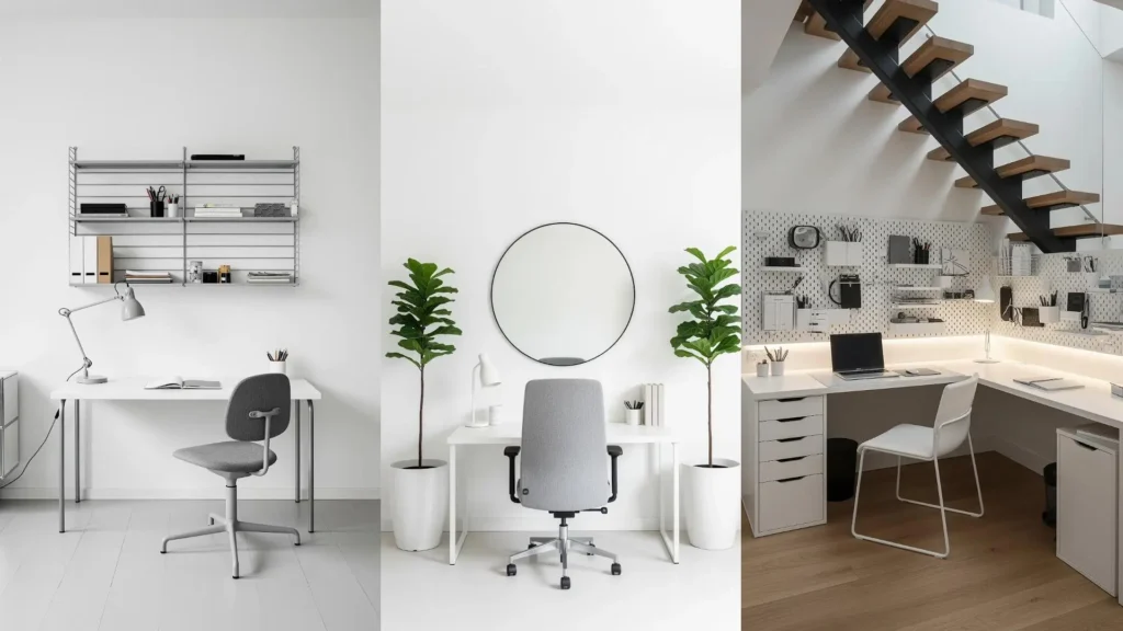 Tre eleganti home office minimalisti con scrivanie bianche e sedie ergonomiche, perfetti per lavorare da casa con stile.