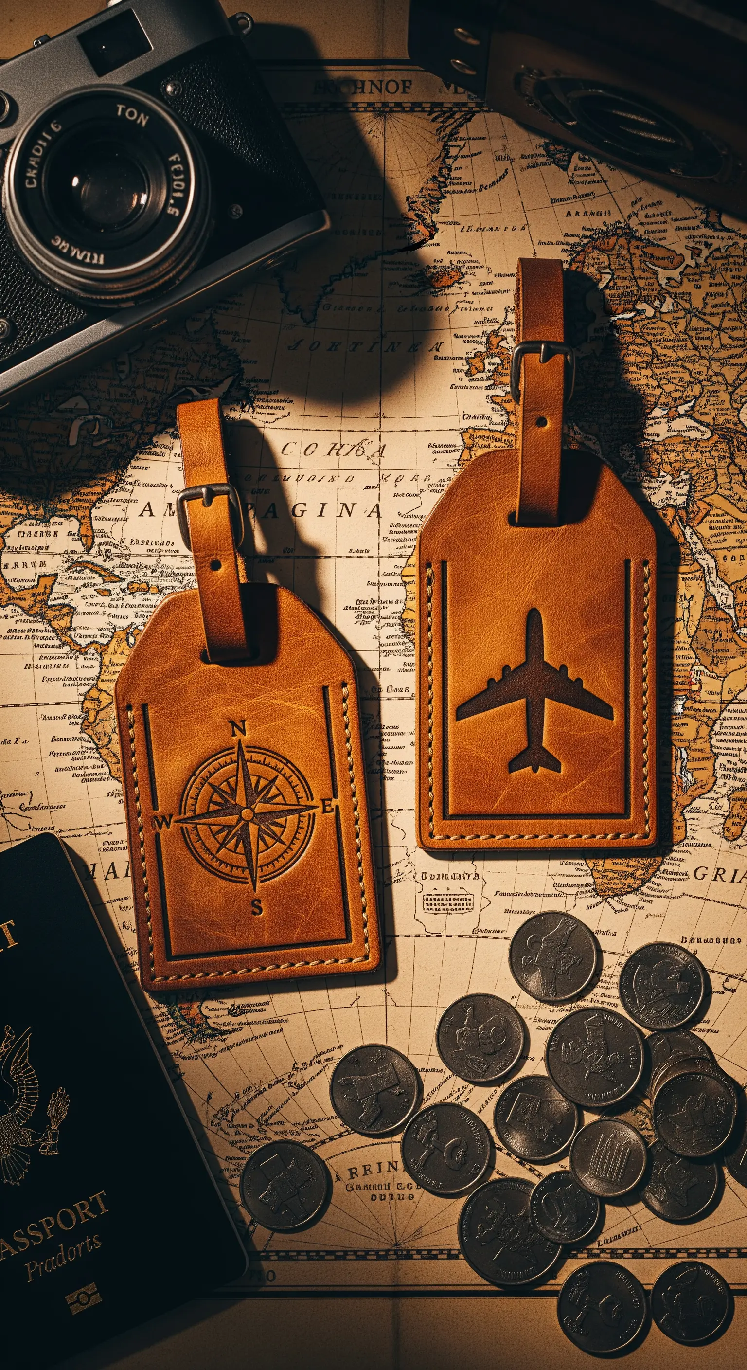 Etichette per bagagli in pelle marrone con simboli di bussola e aereo.