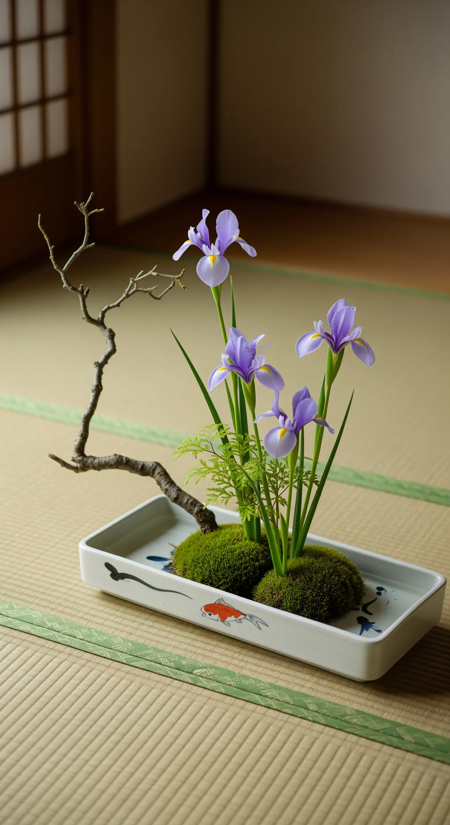 Composizione ikebana con iris, muschio e un ramo secco in un vassoio di ceramica rettangolare.