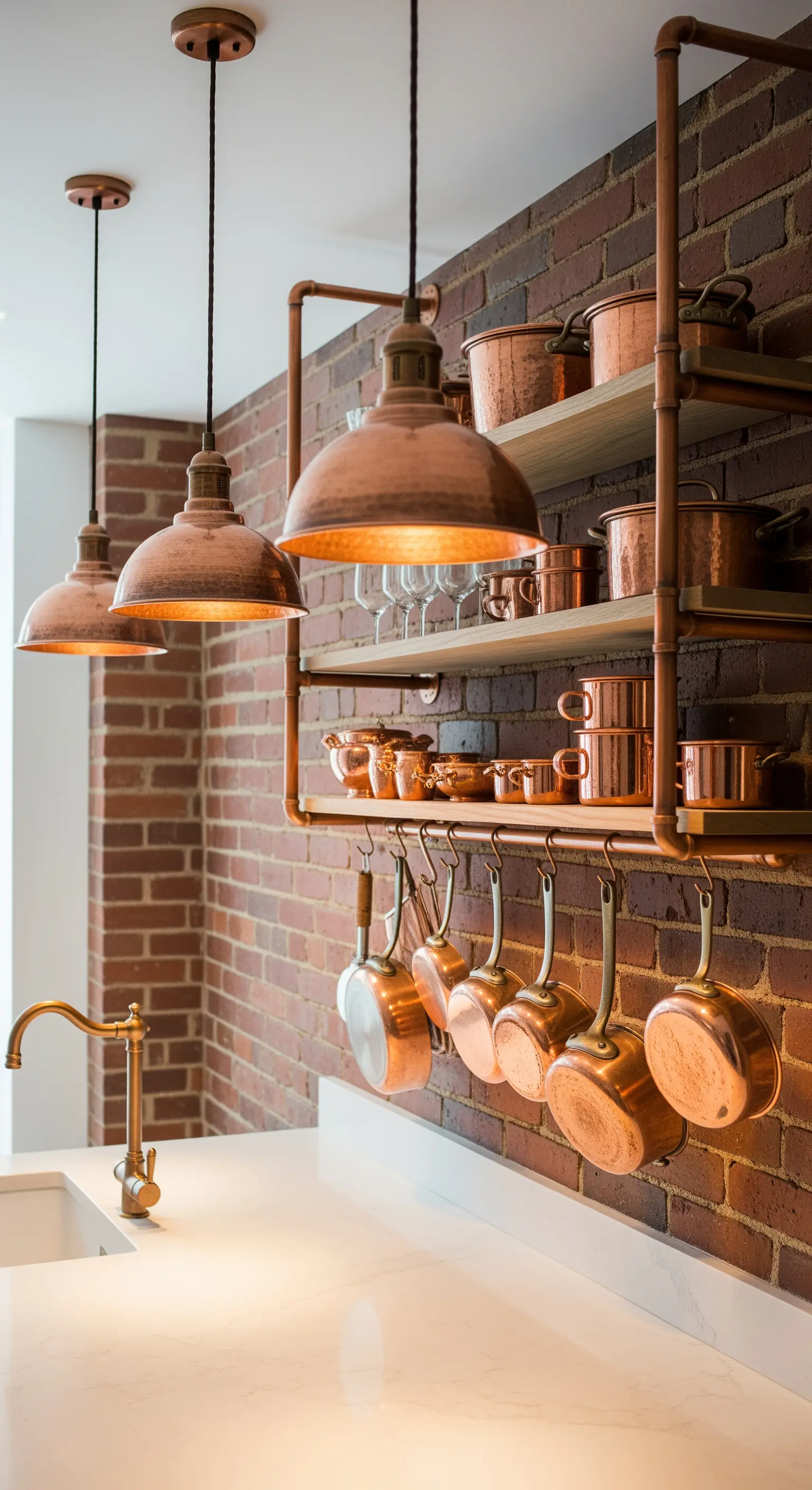 Cucina industrial con dettagli in rame: tubi, lampade e pentole.