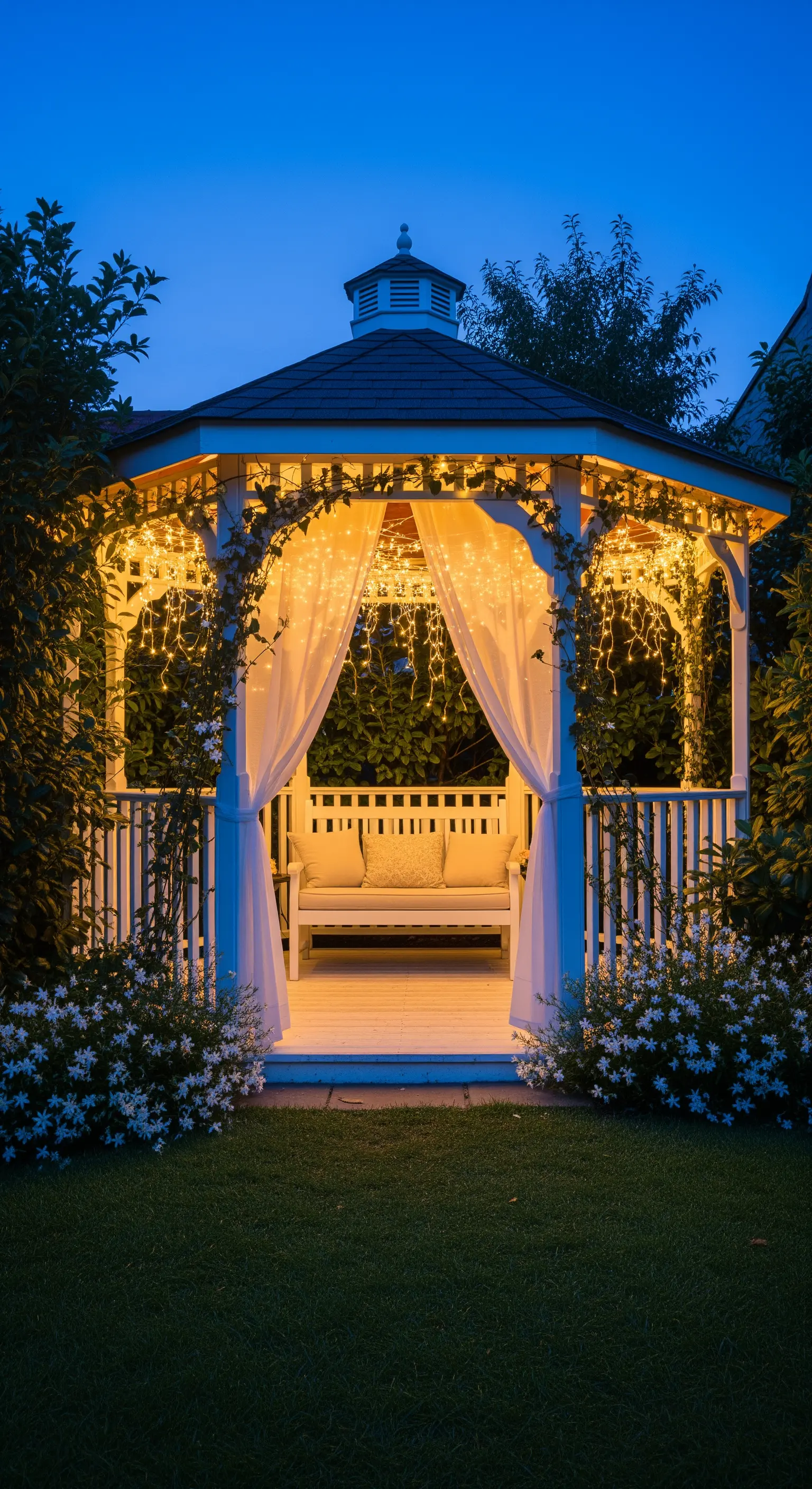 Gazebo bianco illuminato di notte con fili di luci calde e tende bianche trasparenti.