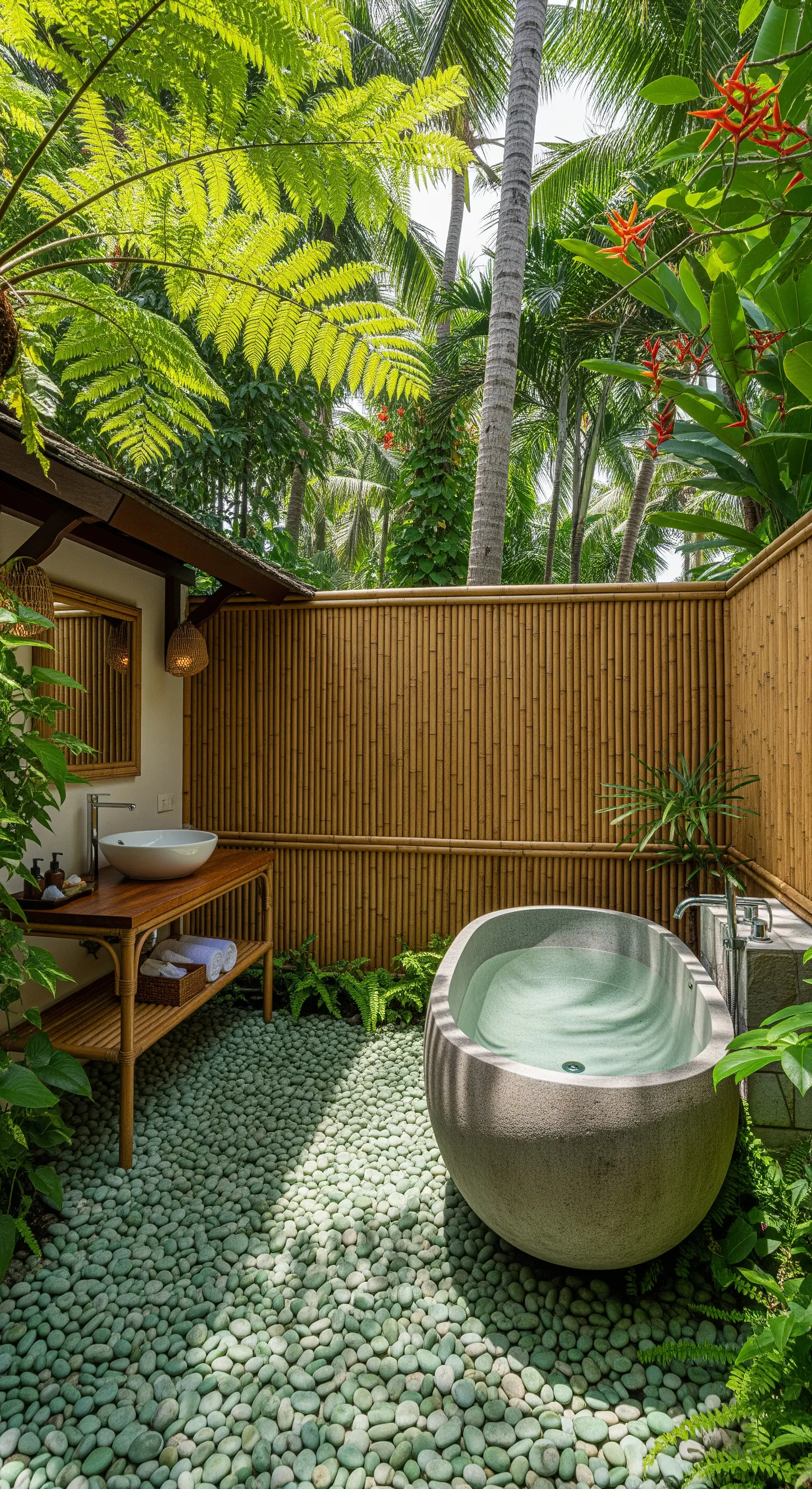 Bagno esterno con vasca in pietra, pavimento di ciottoli e recinzione in bambù.