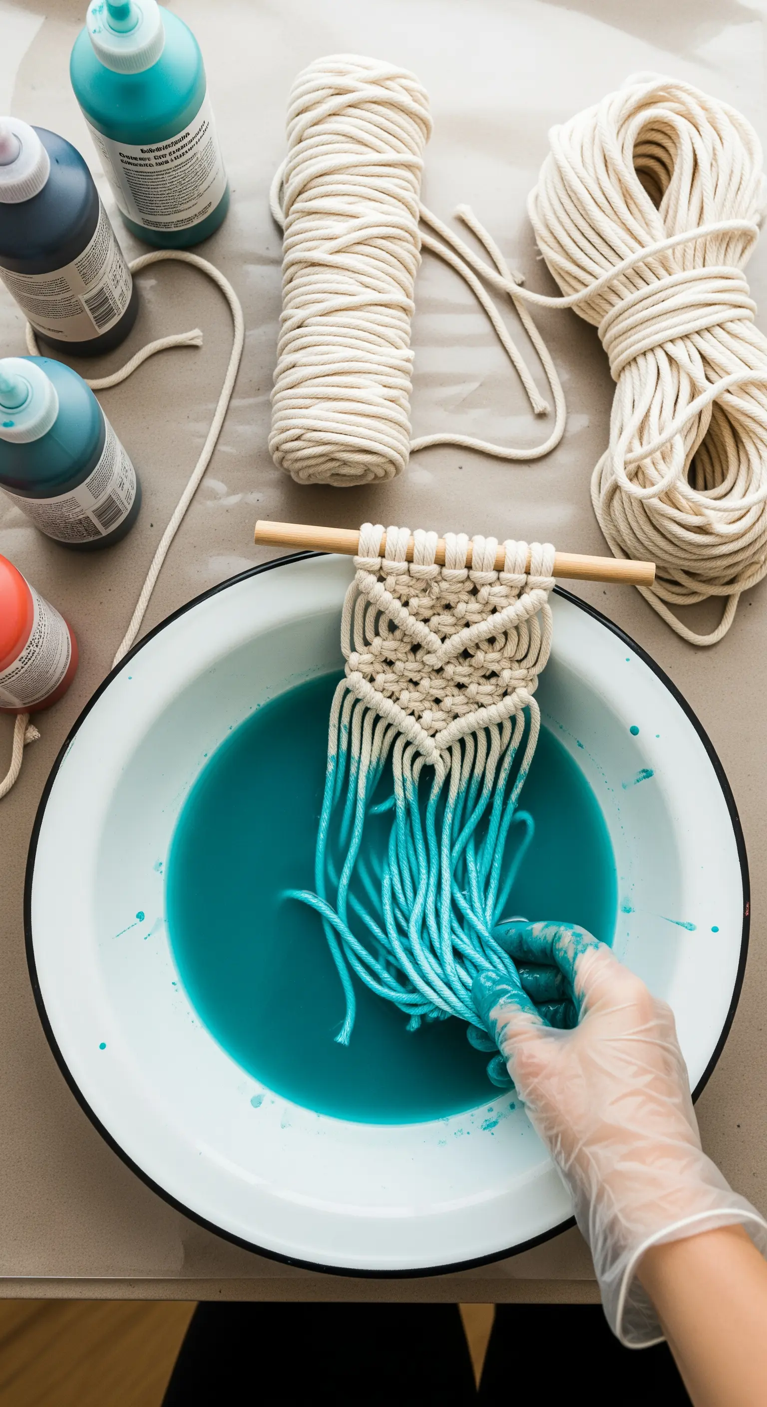 Una mano con guanto immerge le frange di un piccolo pezzo di macramè in una bacinella di tintura blu.